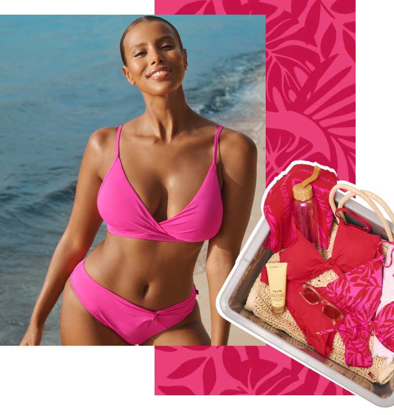 Several photos showing swimsuits in shades of pink, one worn by a model on the beach, others in a suitcase.