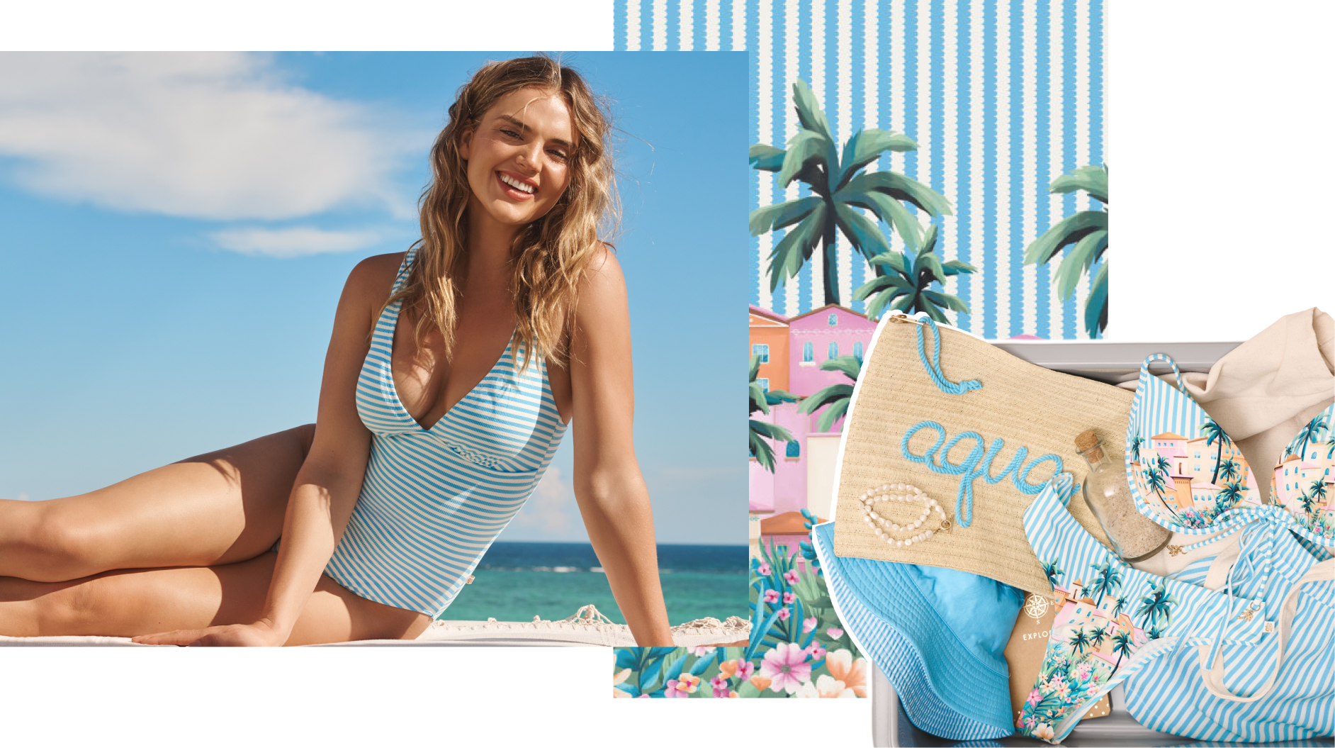 Several photos showing swimsuits in shades of blue and white with villa patterns, one worn by a model on the beach, others in a suitcase.