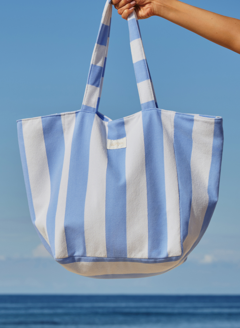 White and blue striped beach bag