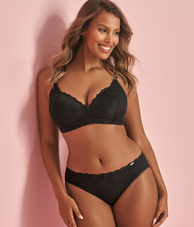 Model wearing a blue bra and panty set