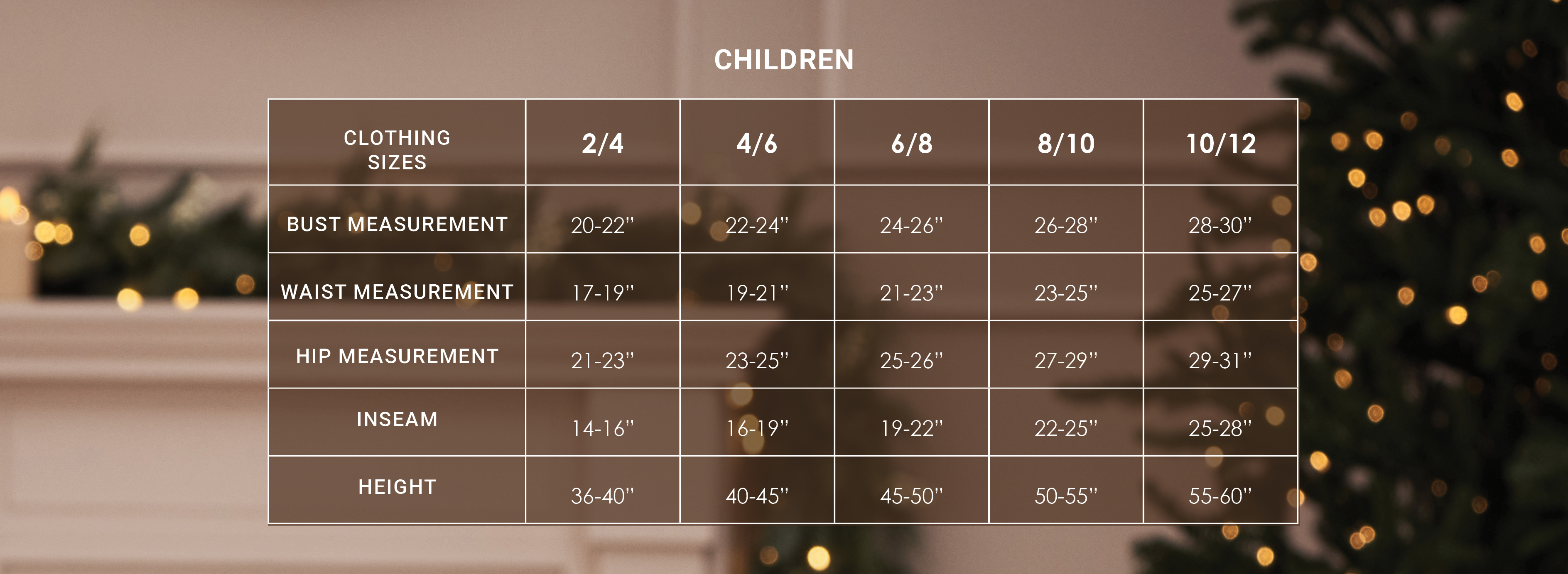 Size chart for children's pajamas