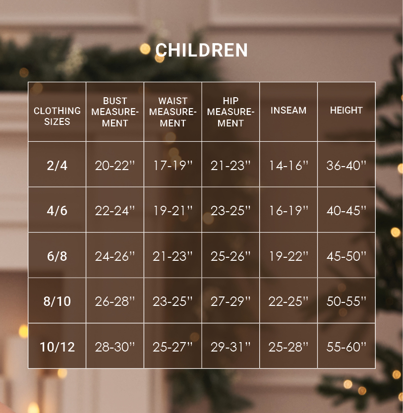 Size chart for children's pajamas