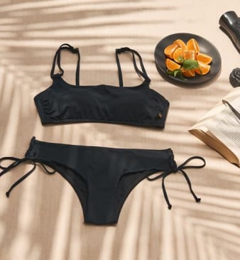 Black bikini laid flat.