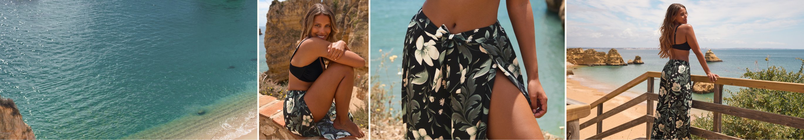 Model in black swim top and black beach pants with white flowers and printed foliage, with ocean in the background and close-ups on the pants.
