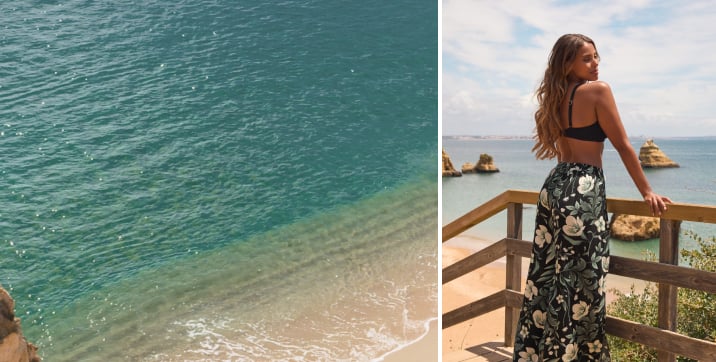 Model in black swim top and black beach pants with white flowers and printed foliage, with ocean in the background and close-ups on the pants.