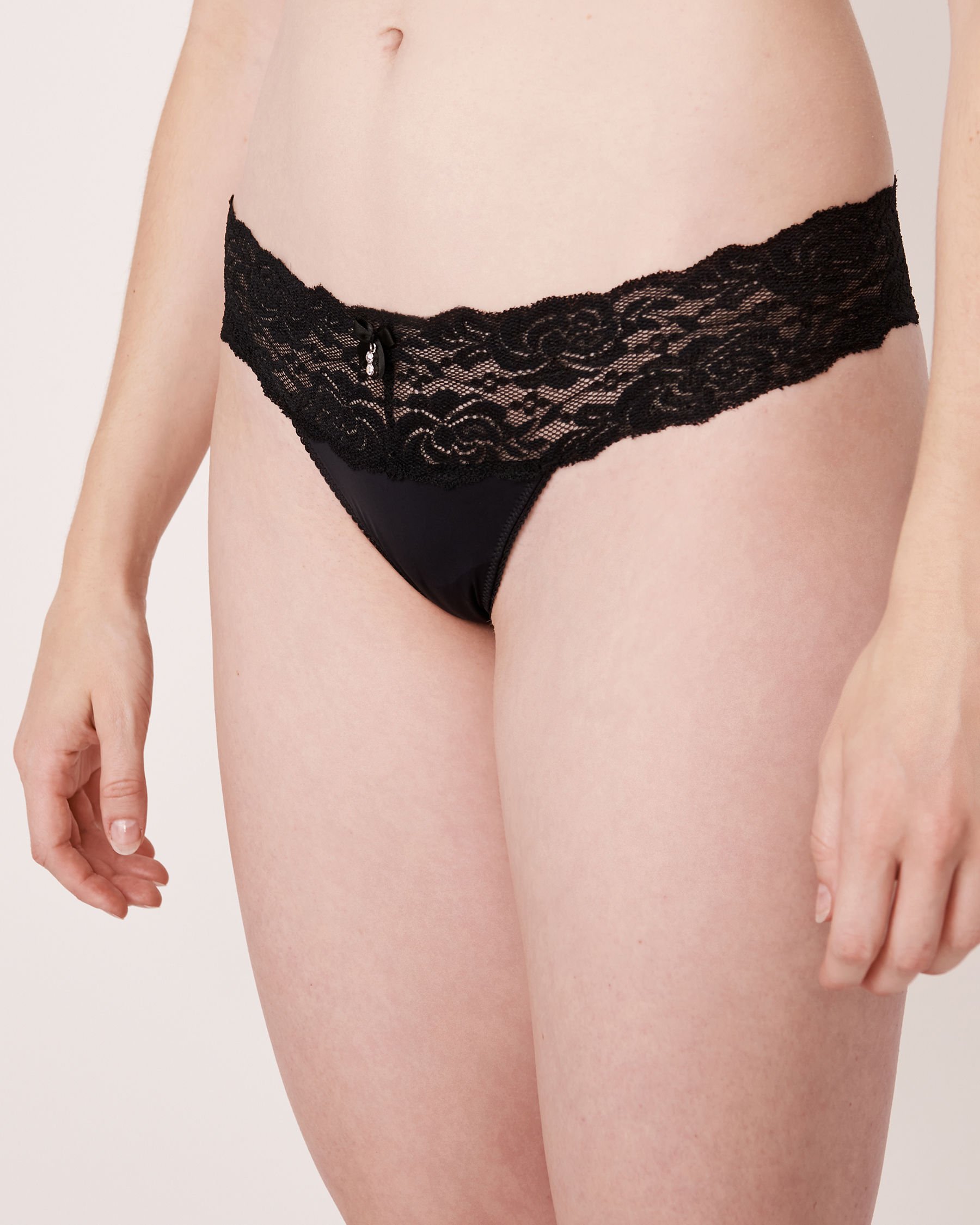 LA VIE EN ROSE Microfiber and Wide Lace Band Thong Panty Black 050-221-0-00 - View1