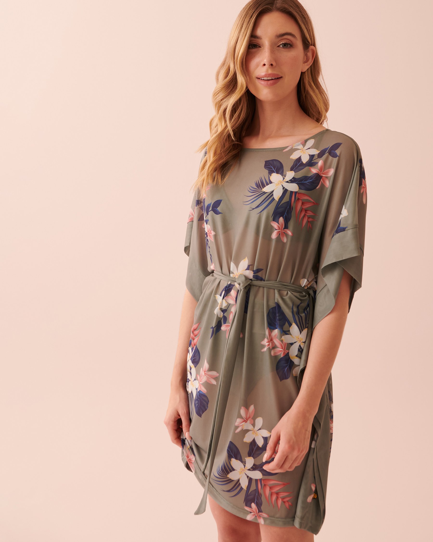 LA VIE EN ROSE AQUA Printed Mesh Caftan Flowers of Bali 80400042 - View1