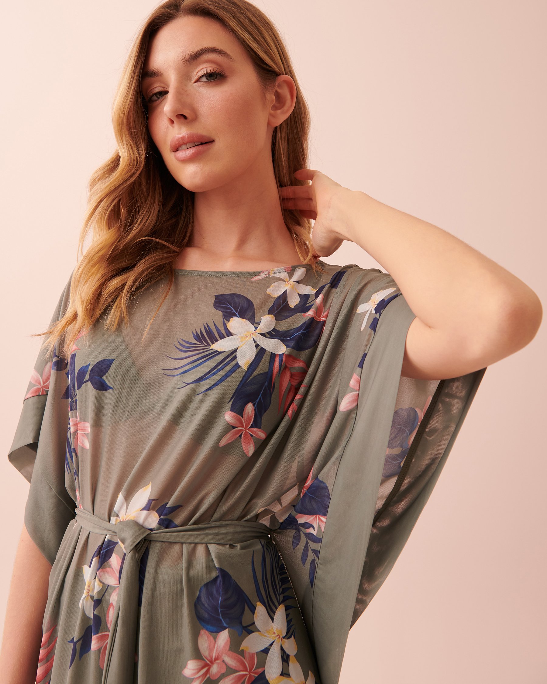 LA VIE EN ROSE AQUA Printed Mesh Caftan Flowers of Bali 80400042 - View3