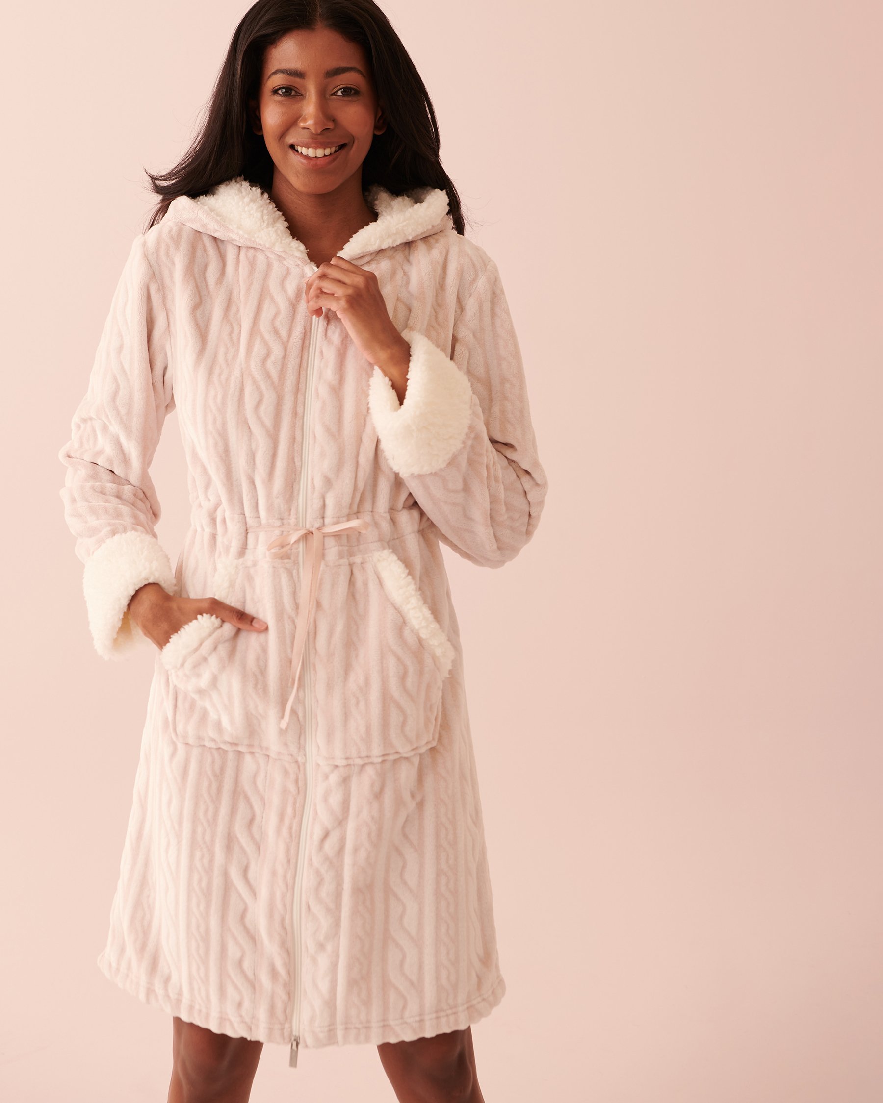 LA VIE EN ROSE Cable Knit Hooded Robe Sepia rose 40600135 - View3