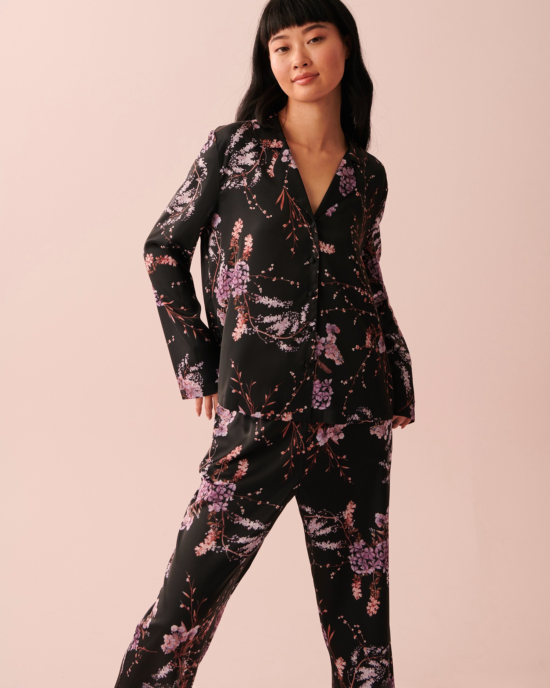 LA VIE EN ROSE Satin Long Sleeve Button-down Shirt Dawn forest 60100072 - View2