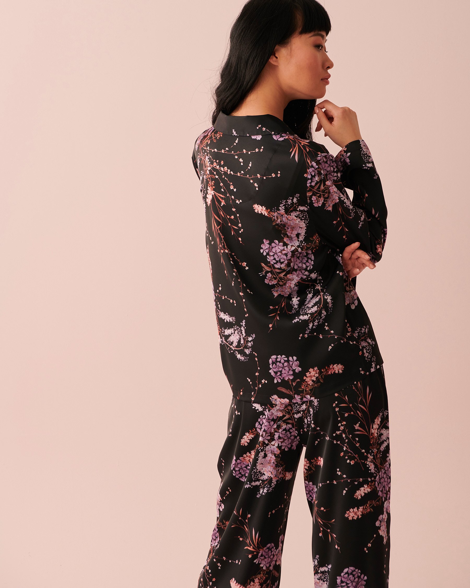 LA VIE EN ROSE Satin Long Sleeve Button-down Shirt Dawn forest 60100072 - View3