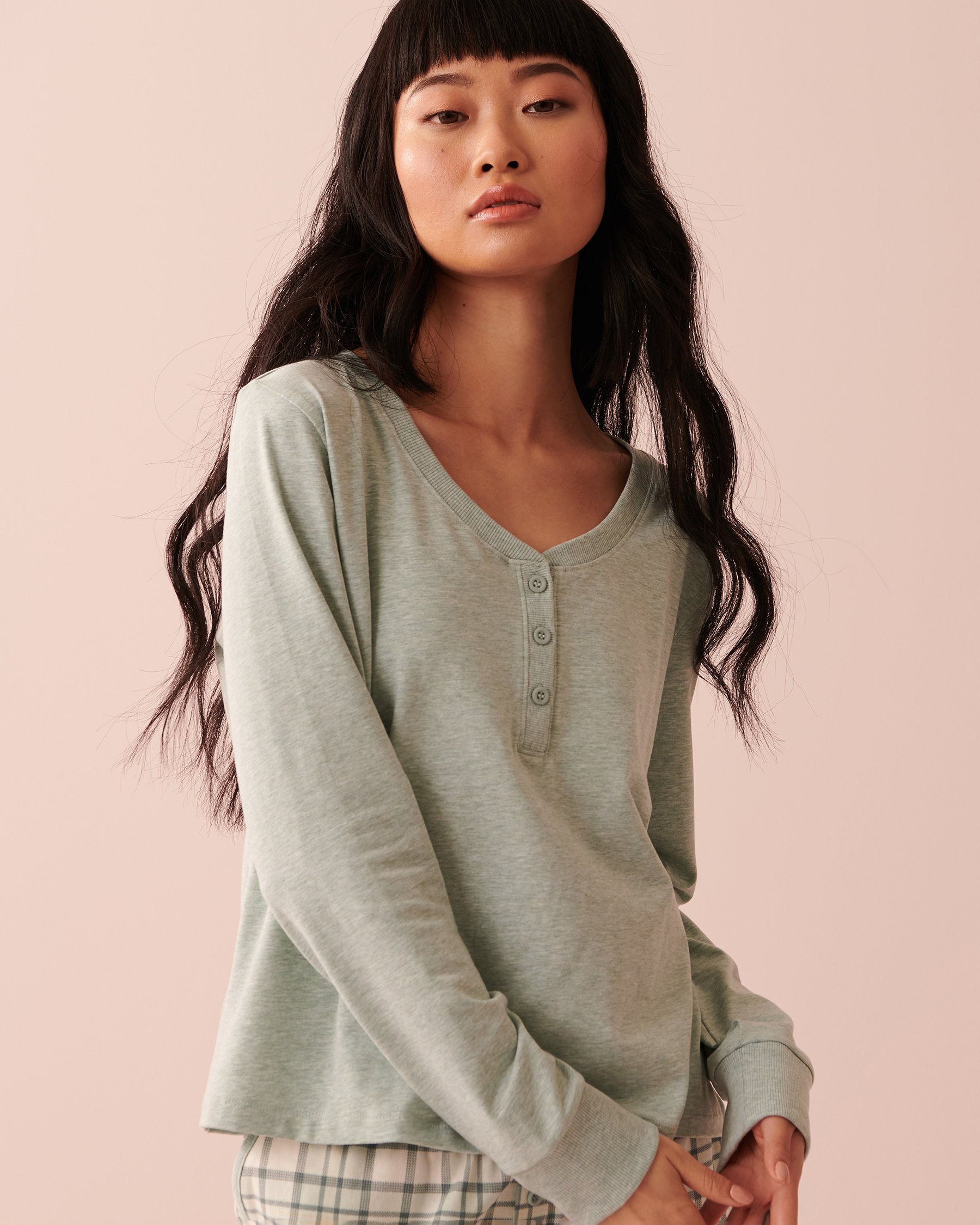 LA VIE EN ROSE Ribbed Long Sleeve Shirt with Buttons Morning blue mix 40100454 - View1