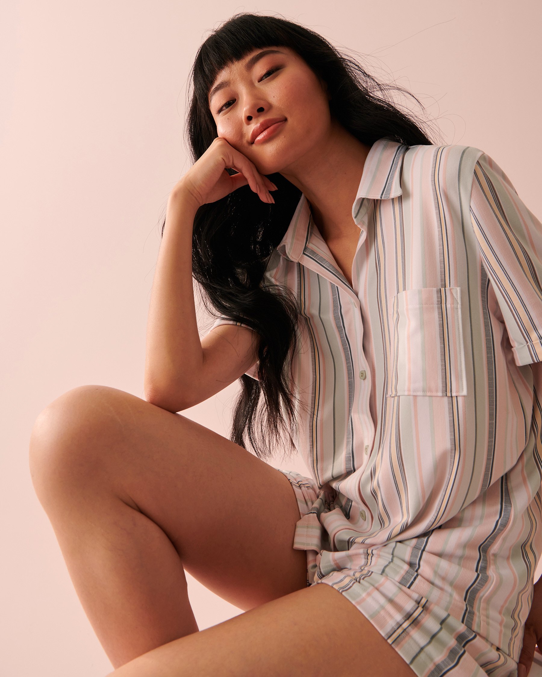 LA VIE EN ROSE Super Soft Short Sleeve Button-down Shirt Multicolor vertical stripes 40100462 - View3