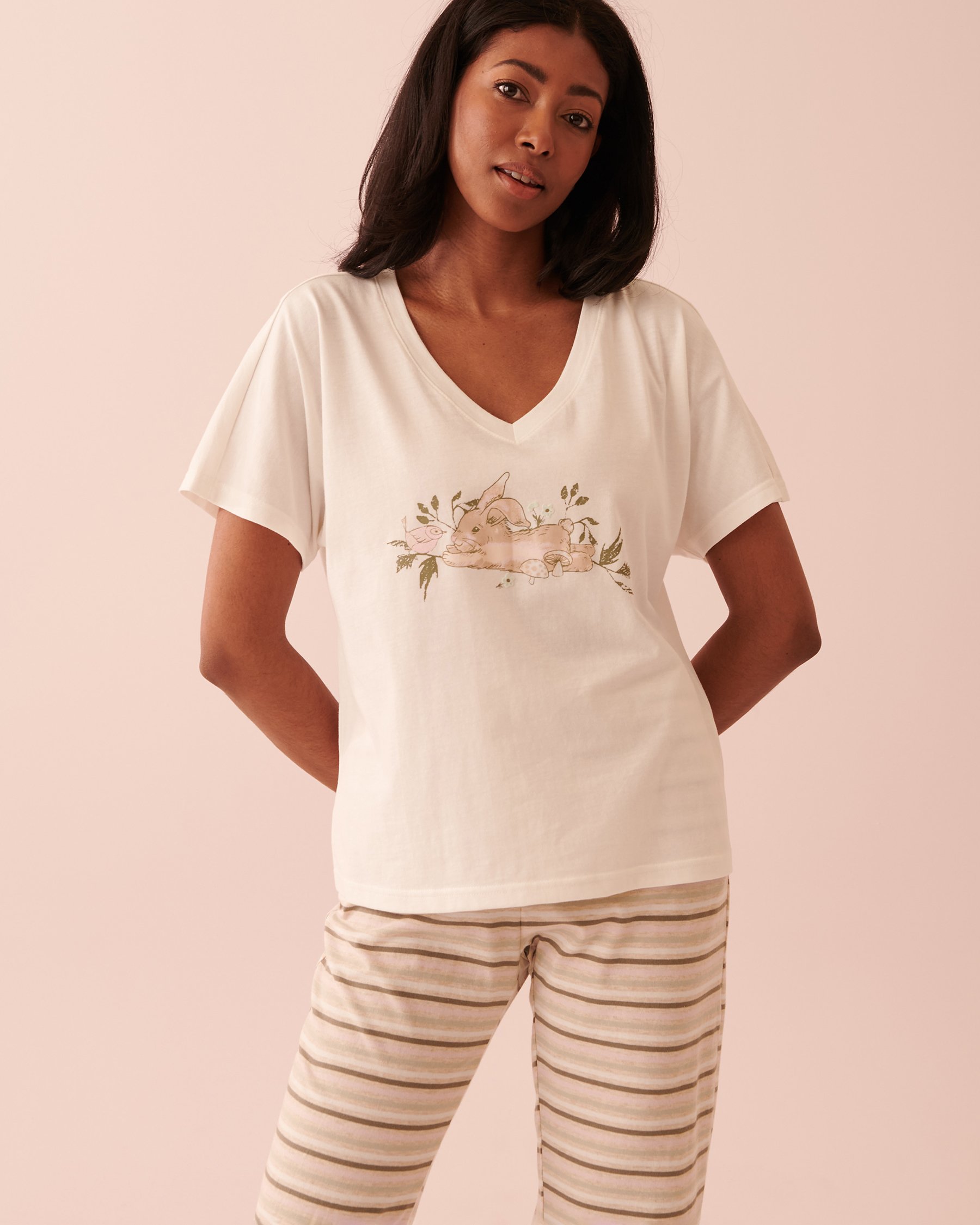 LA VIE EN ROSE T-shirt col en V en coton Blanc neige 40100469 - Voir1