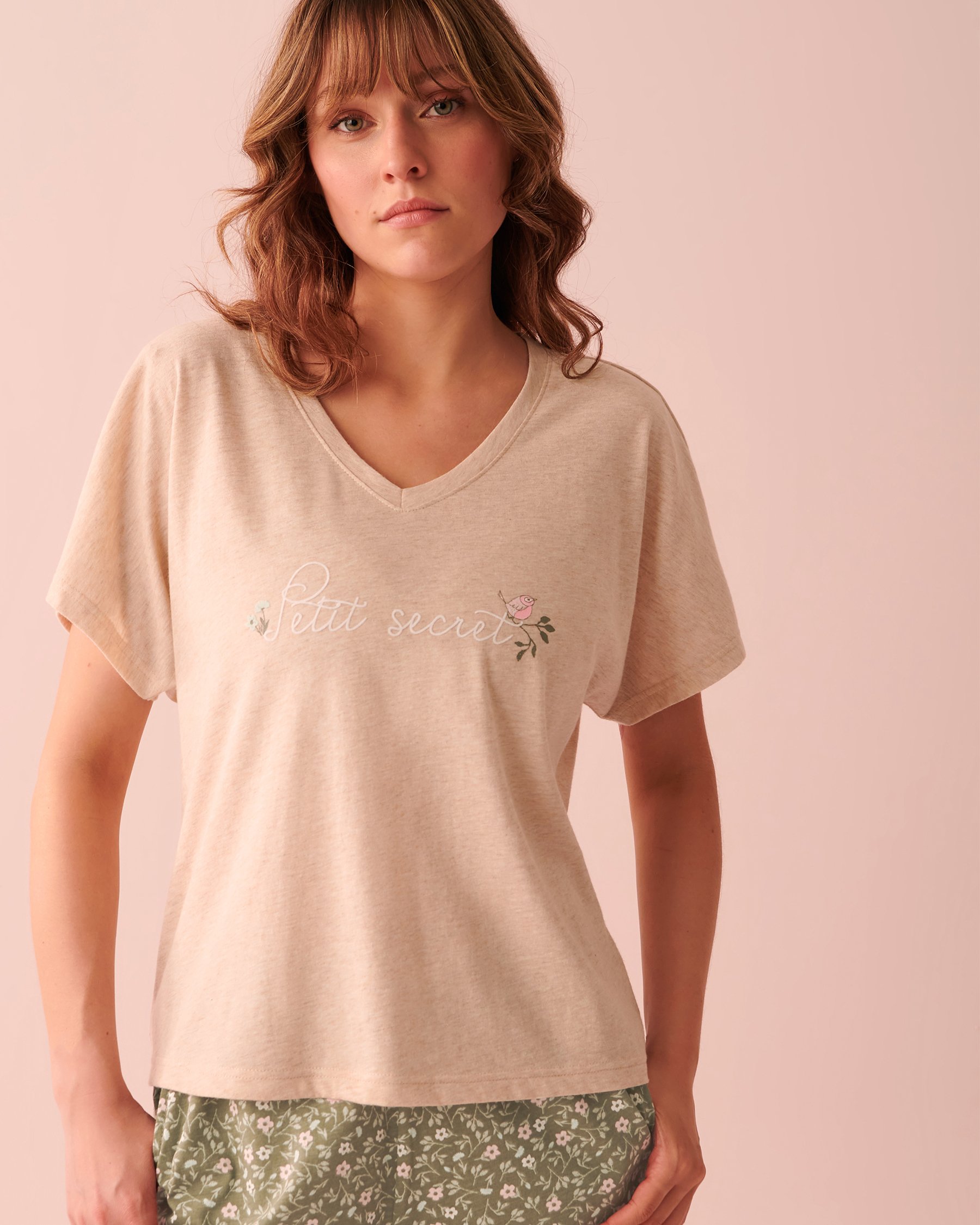 LA VIE EN ROSE T-shirt col en V en coton Mélange d'avoine 40100469 - Voir1