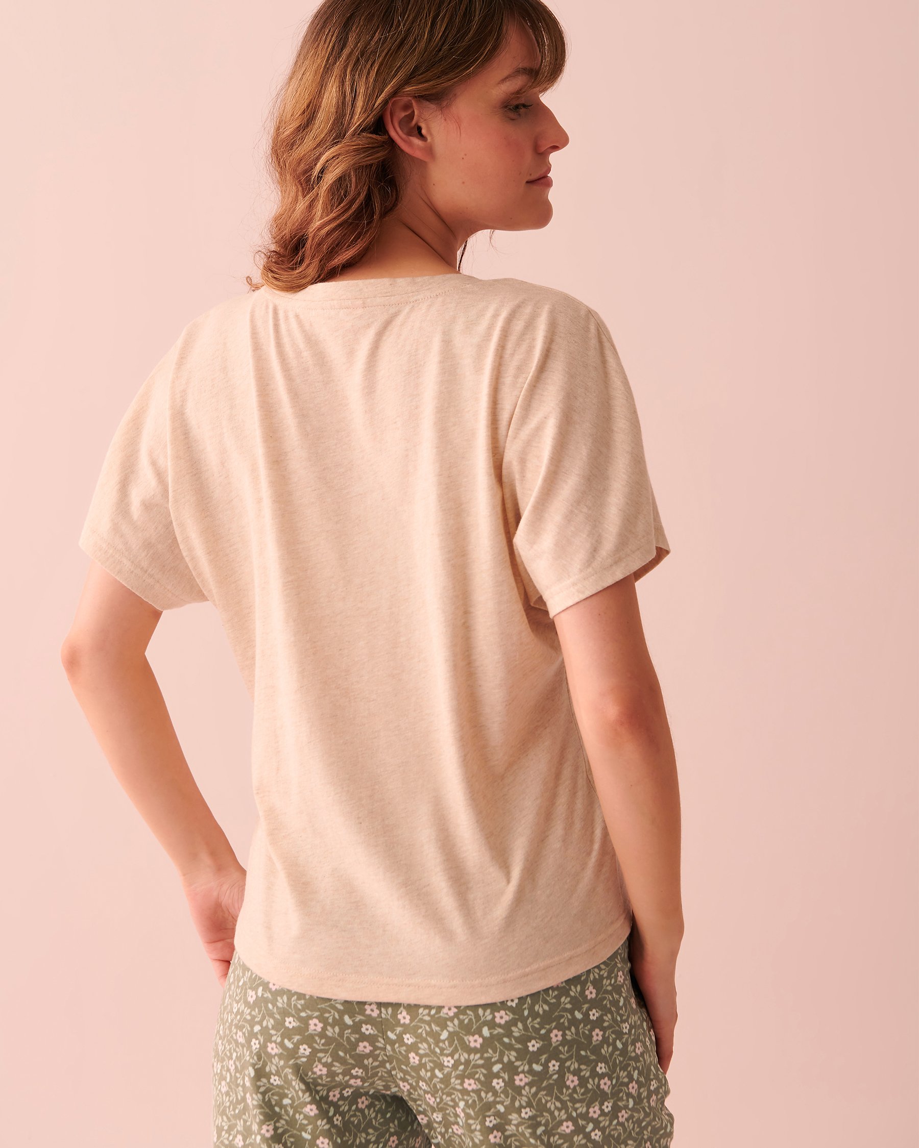LA VIE EN ROSE T-shirt col en V en coton Mélange d'avoine 40100469 - Voir2