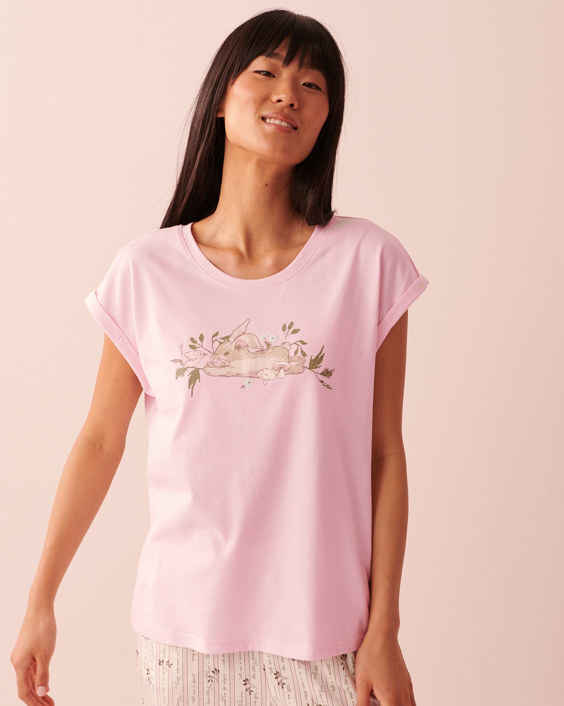 LA VIE EN ROSE Cotton Crew Neck T-shirt Light pink 40100470 - View1