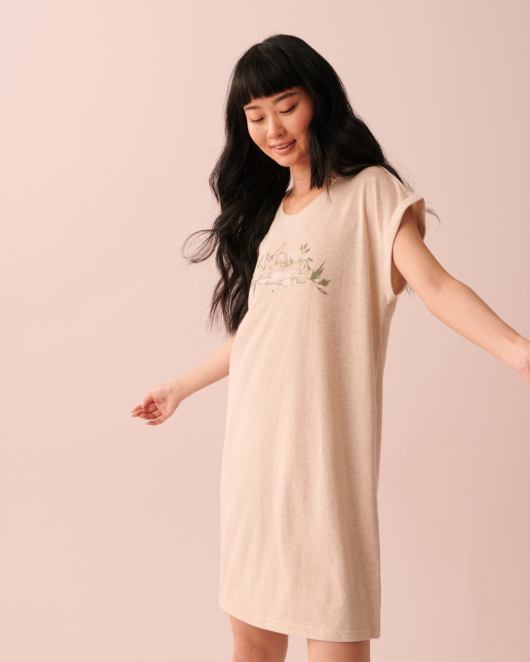 LA VIE EN ROSE Chemise de nuit manches courtes en coton Mélange d'avoine 40500294 - View1
