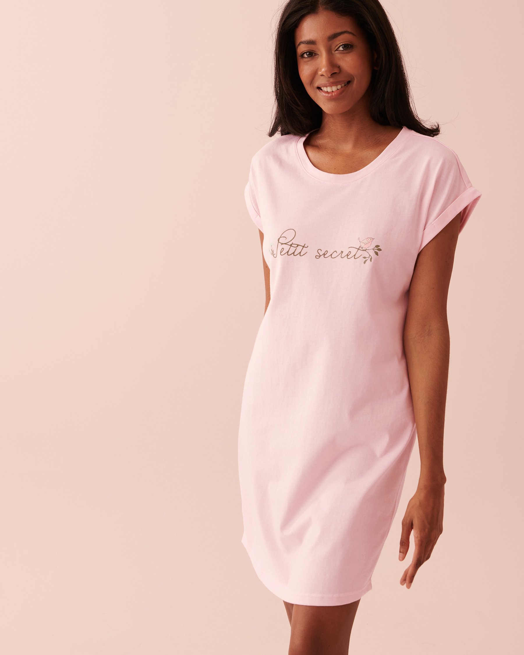 LA VIE EN ROSE Chemise de nuit manches courtes en coton Rose pâle 40500294 - Voir1