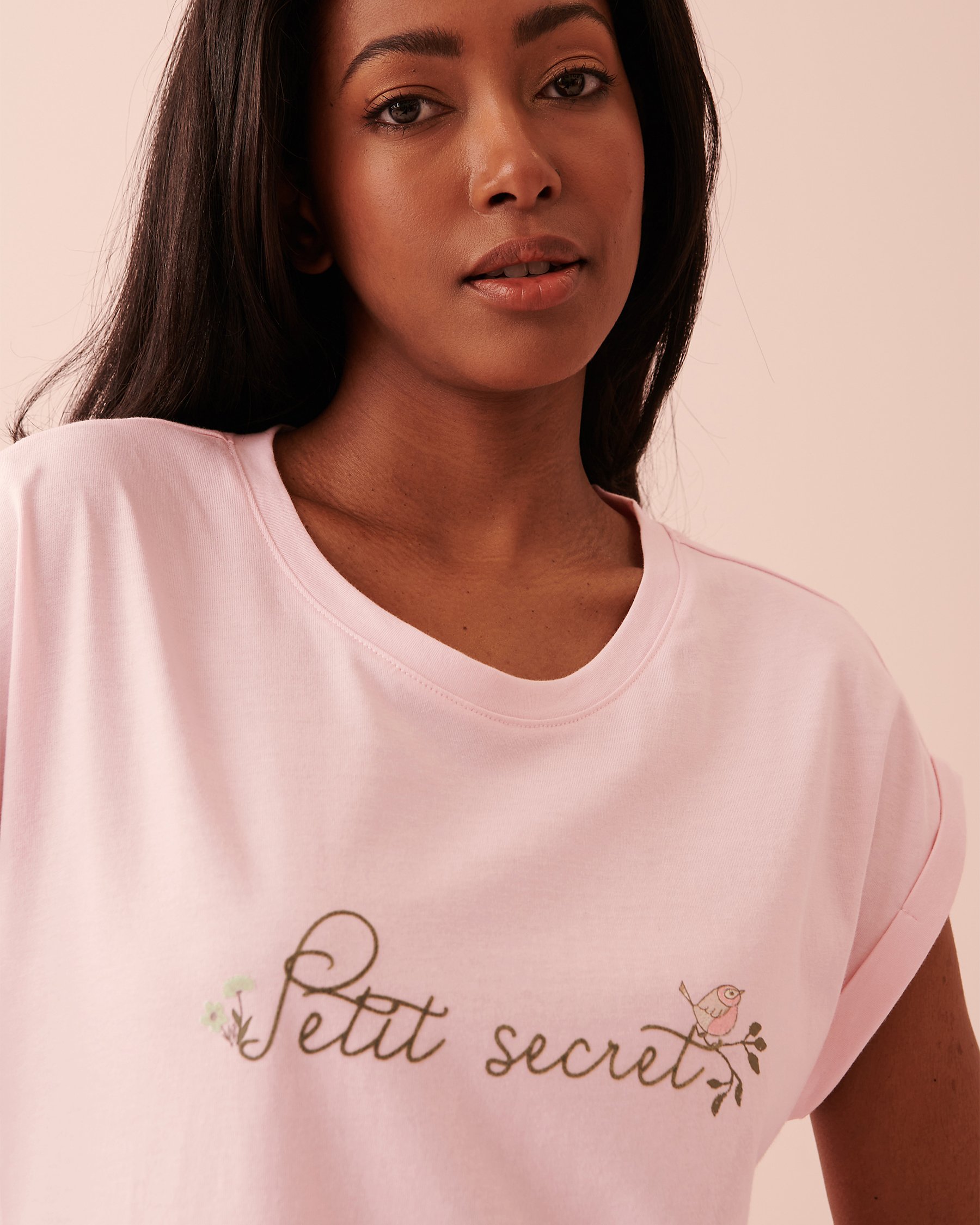 LA VIE EN ROSE Chemise de nuit manches courtes en coton Rose pâle 40500294 - Voir2