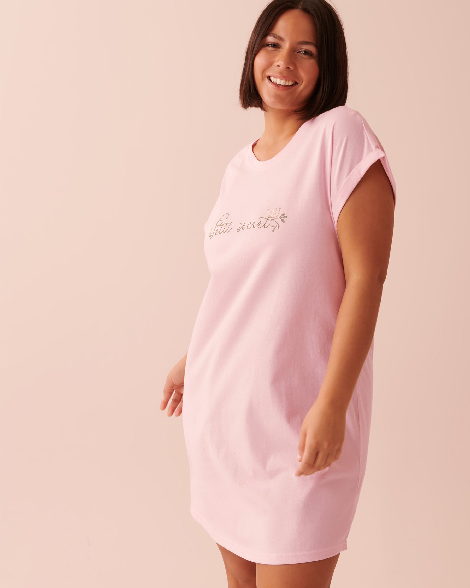 LA VIE EN ROSE Chemise de nuit manches courtes en coton Rose pâle 40500294 - Voir4