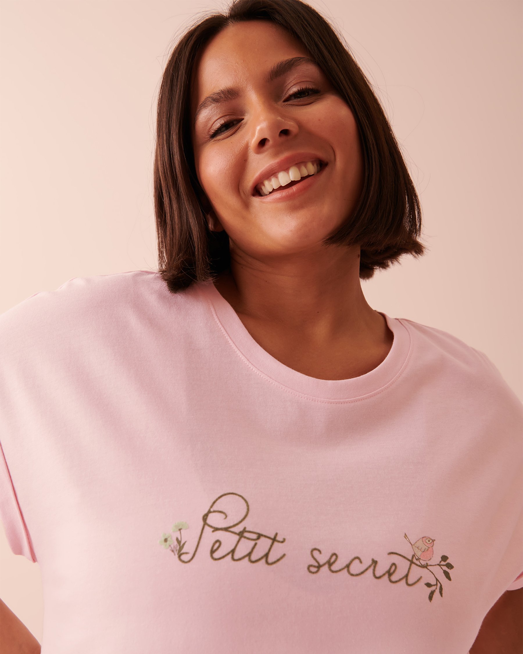 LA VIE EN ROSE Chemise de nuit manches courtes en coton Rose pâle 40500294 - Voir5
