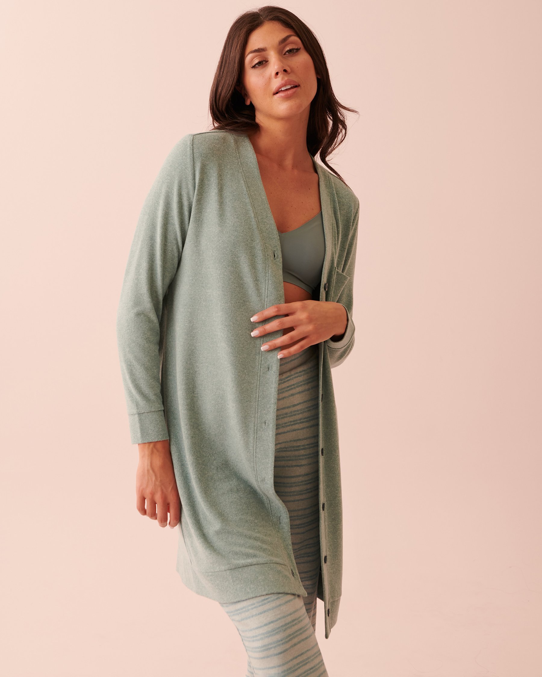 LA VIE EN ROSE Cardigan long boutonné en fibres recyclées Mélange bleu brume 40600133 - View1