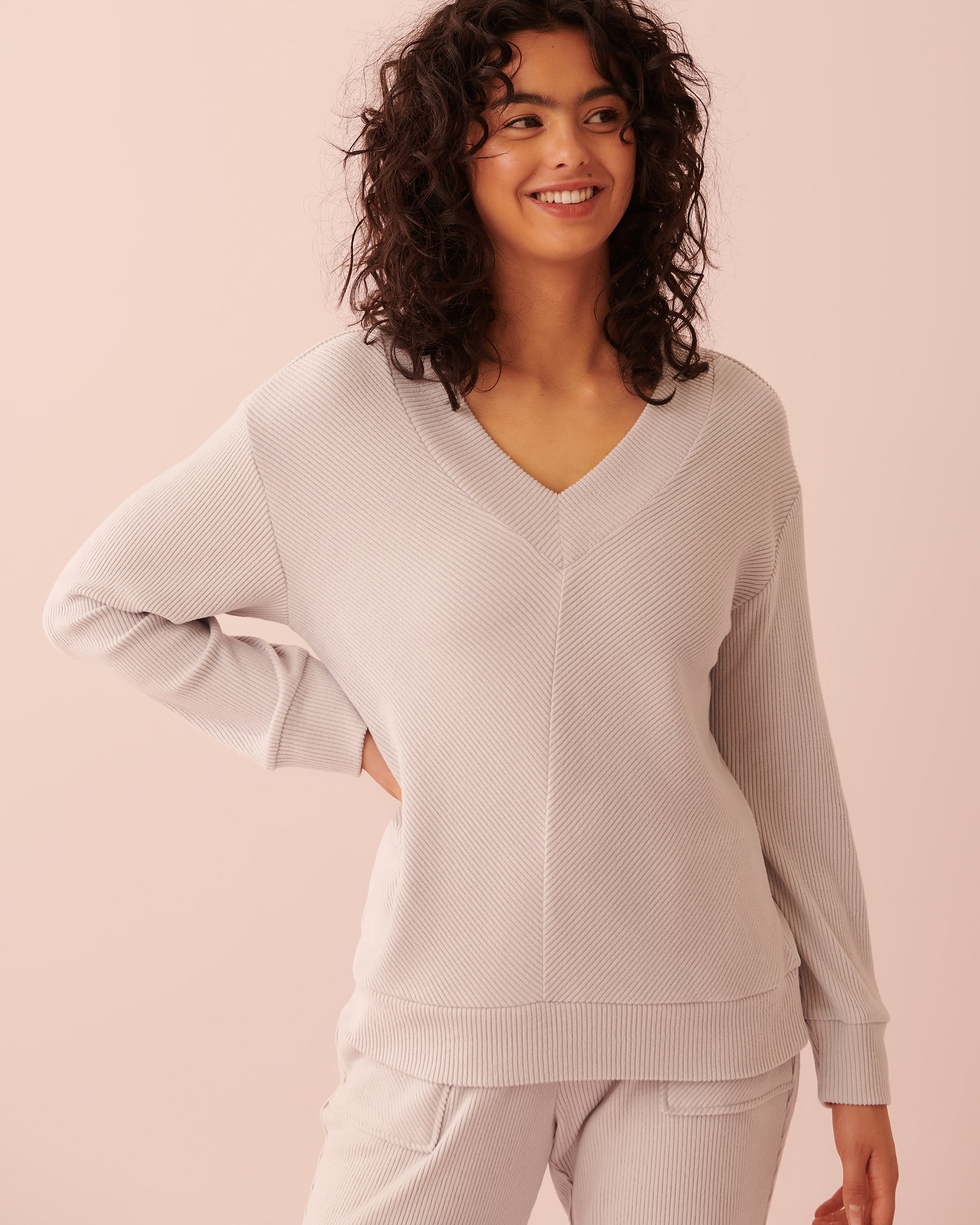 LA VIE EN ROSE Soft Knit Ribbed V-neck Long Sleeve Shirt Grey 40100457 - View1