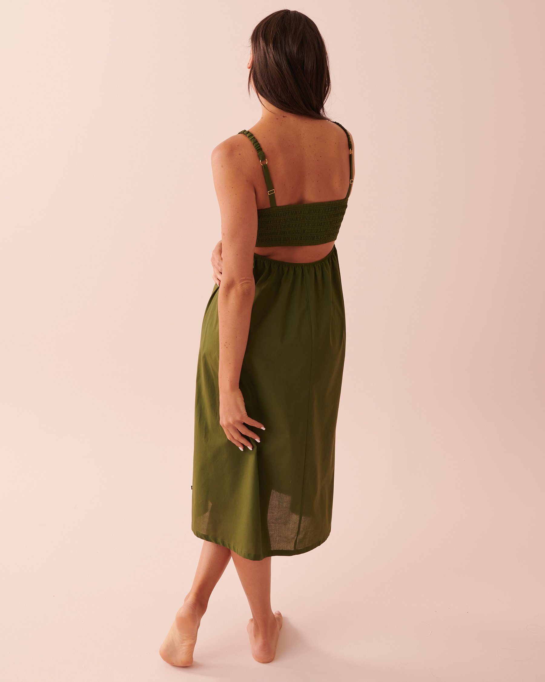 LA VIE EN ROSE AQUA Smocked Bust Cotton Maxi Dress Palm tree green 80300075 - View2