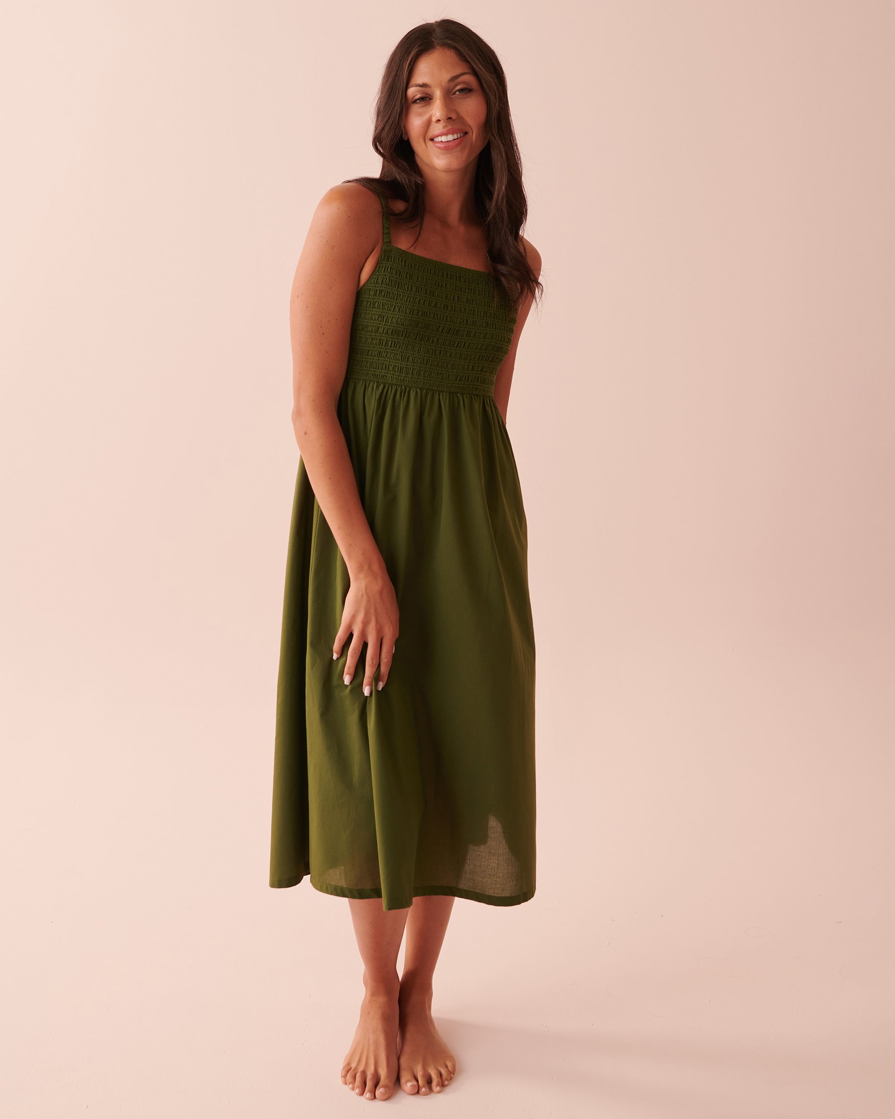 LA VIE EN ROSE AQUA Smocked Bust Cotton Maxi Dress Palm tree green 80300075 - View1