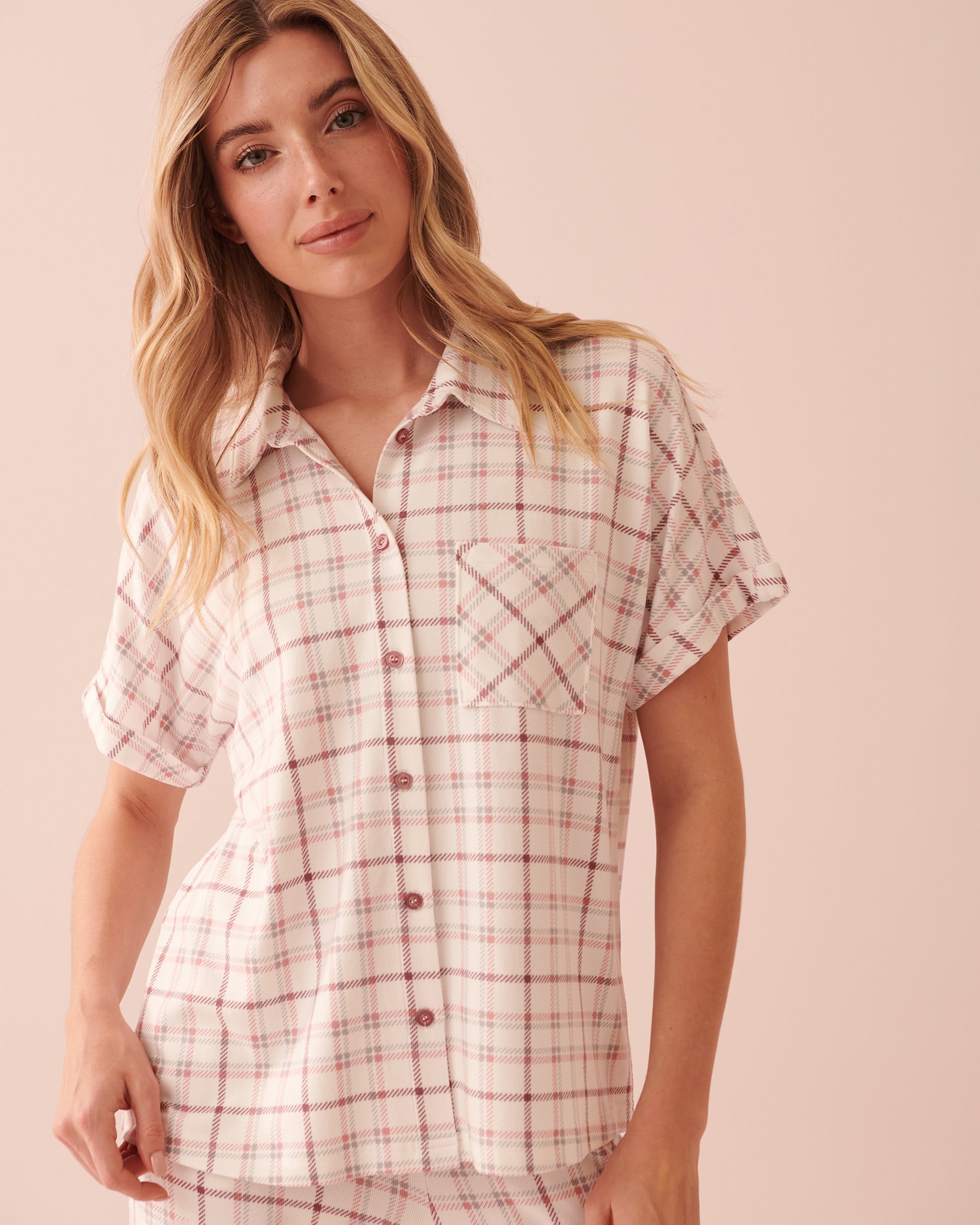 LA VIE EN ROSE Soft Knit Button-down Short Sleeve Shirt Light purple plaid 40100478 - View1