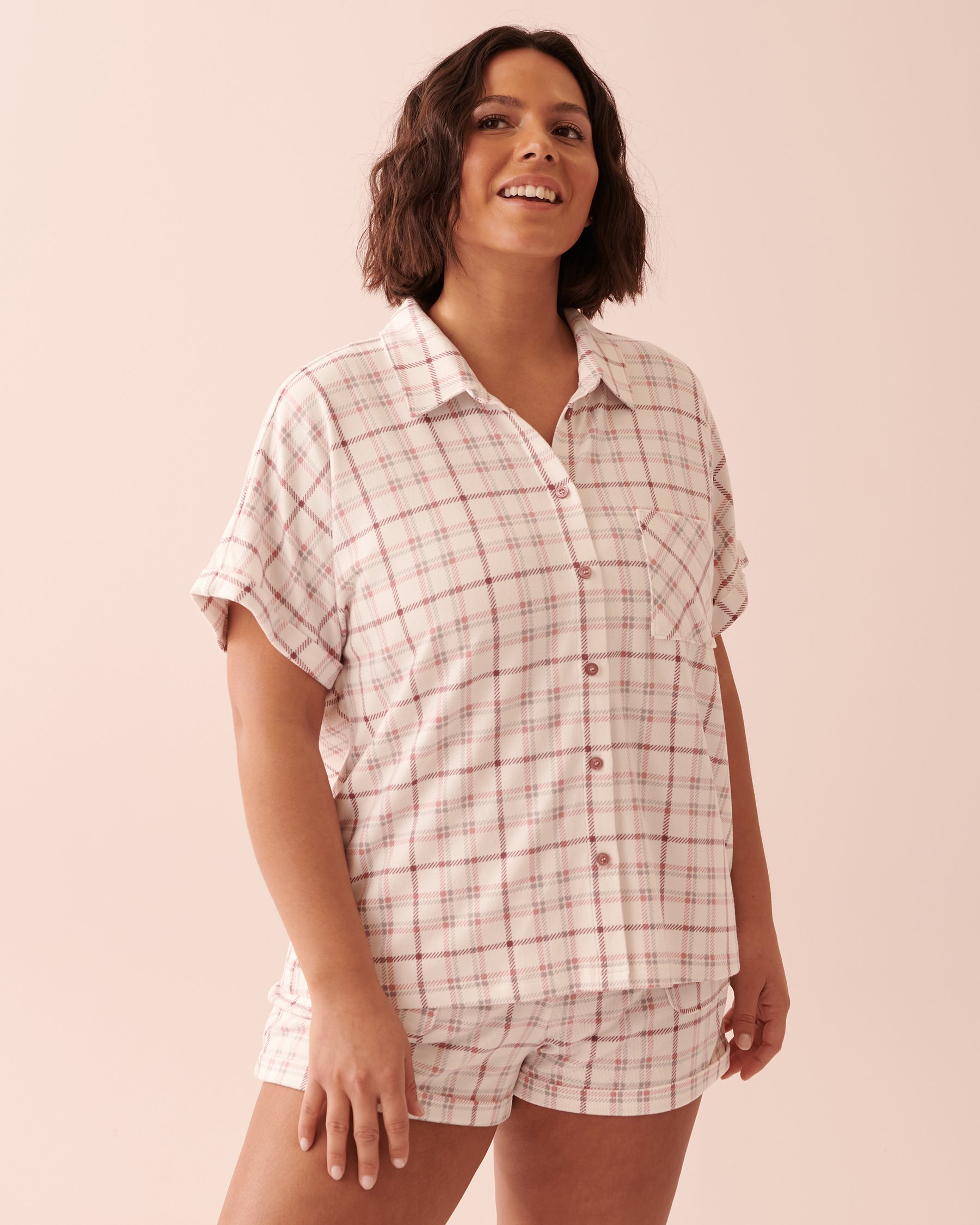 LA VIE EN ROSE Soft Knit Button-down Short Sleeve Shirt Light purple plaid 40100478 - View4