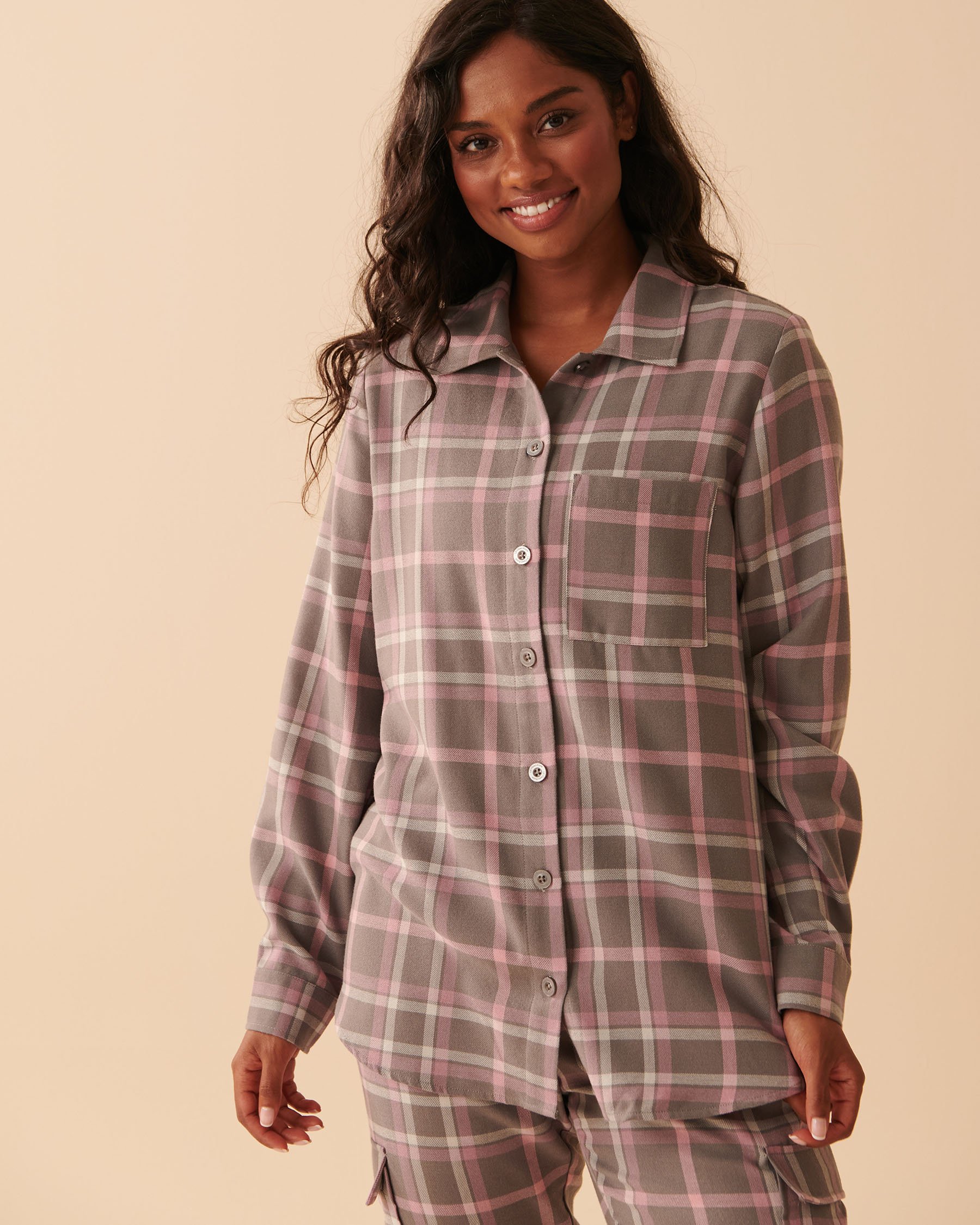 LA VIE EN ROSE Plaid Long Sleeve Button-down Shirt Smoky grey plaid 40100485 - View3