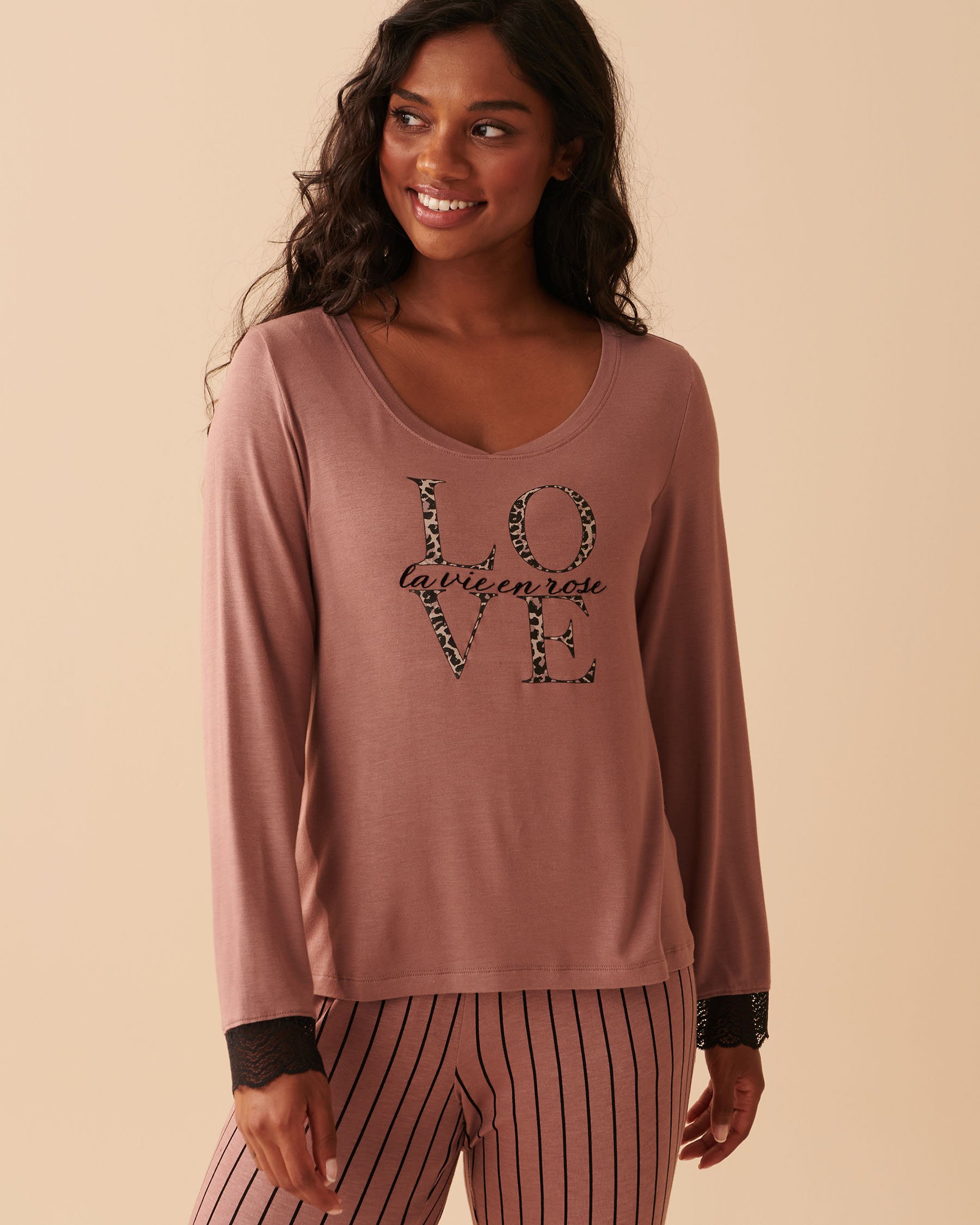 LA VIE EN ROSE Soft Jersey Long Sleeve Shirt Mocha 40100489 - View1
