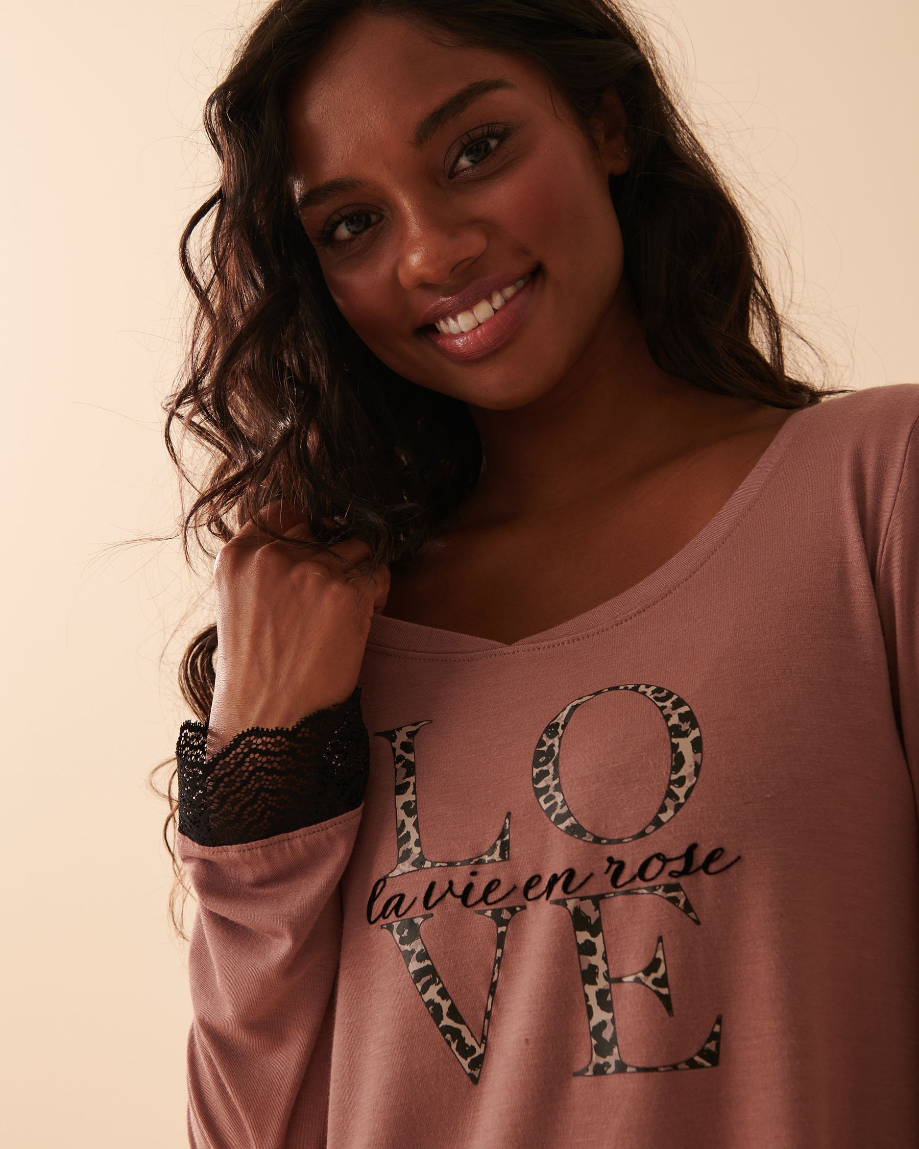 LA VIE EN ROSE Soft Jersey Long Sleeve Shirt Mocha 40100489 - View3