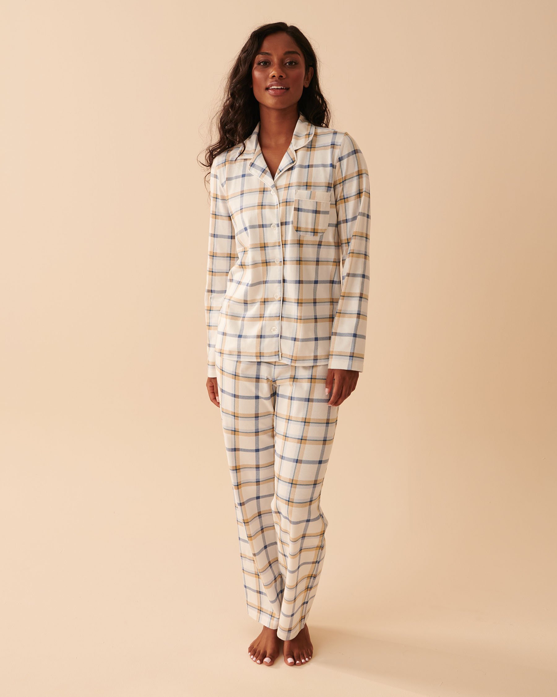 LA VIE EN ROSE Ensemble pyjama manches longues en coton Carreaux bleus 40400052 - Voir5