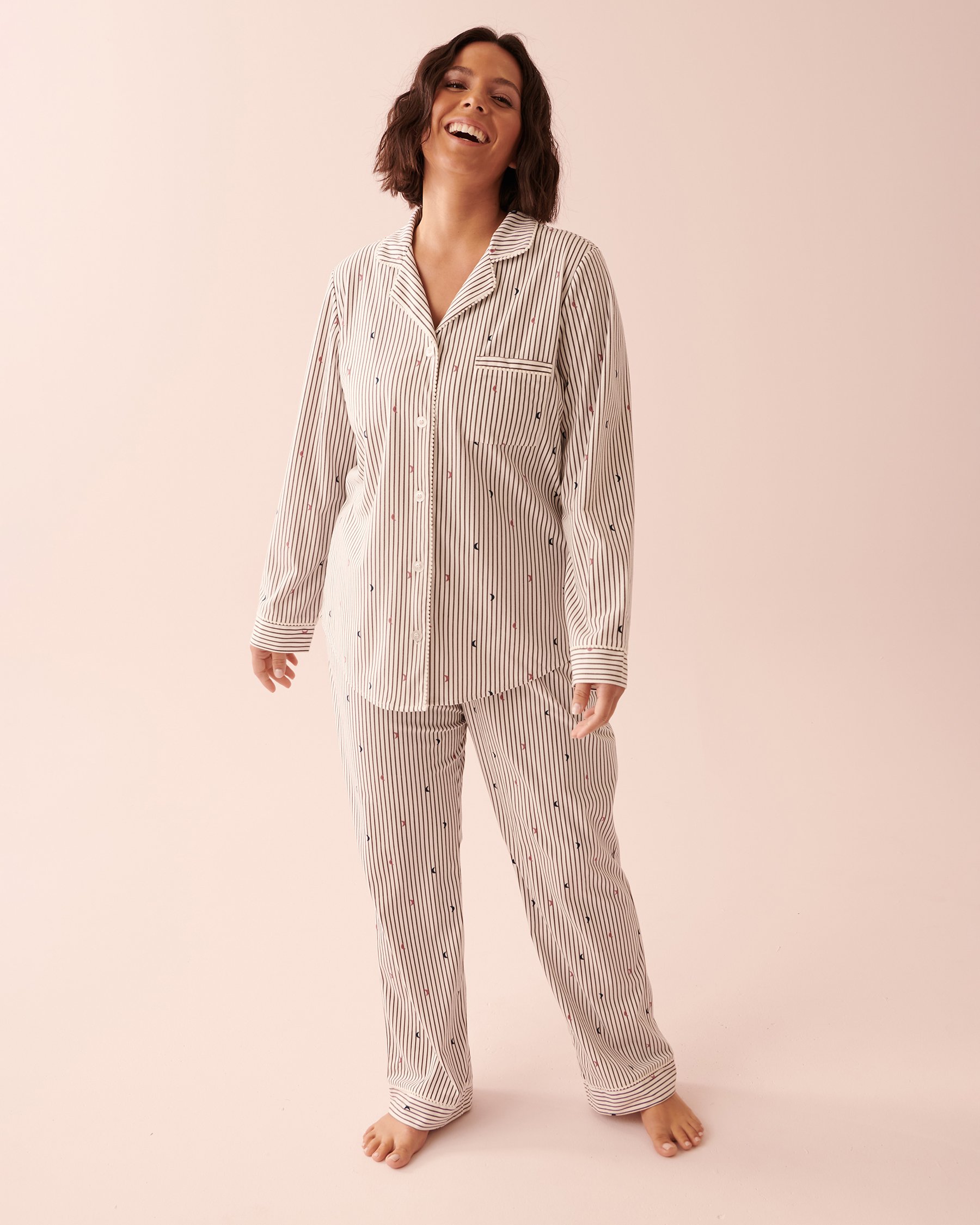 LA VIE EN ROSE Ensemble pyjama chemisier luxueux en flanelle Rayures et lune 40400053 - Voir3