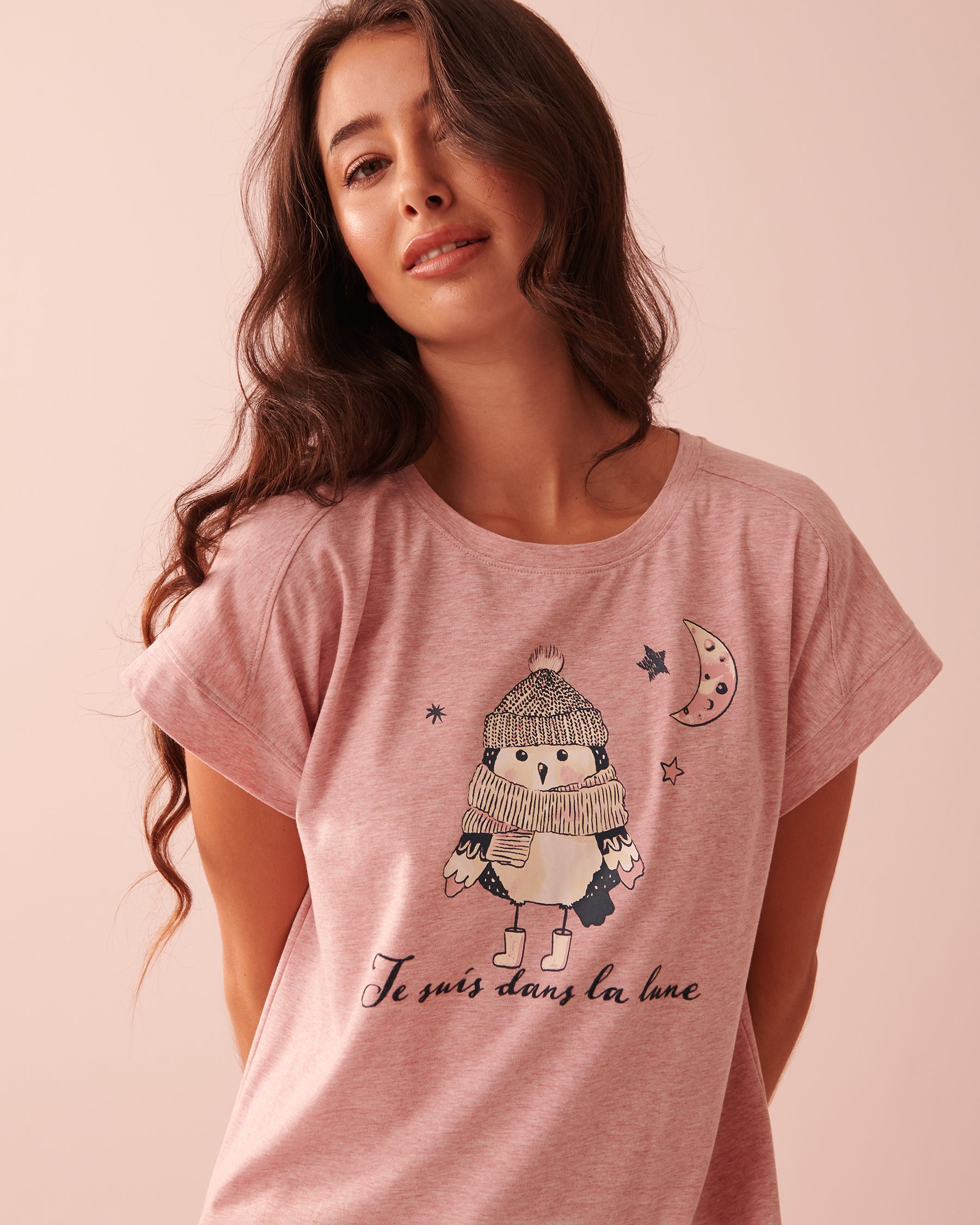 LA VIE EN ROSE Chemise de nuit manches courtes à motif hibou Mélange rose blush 40500301 - Voir3