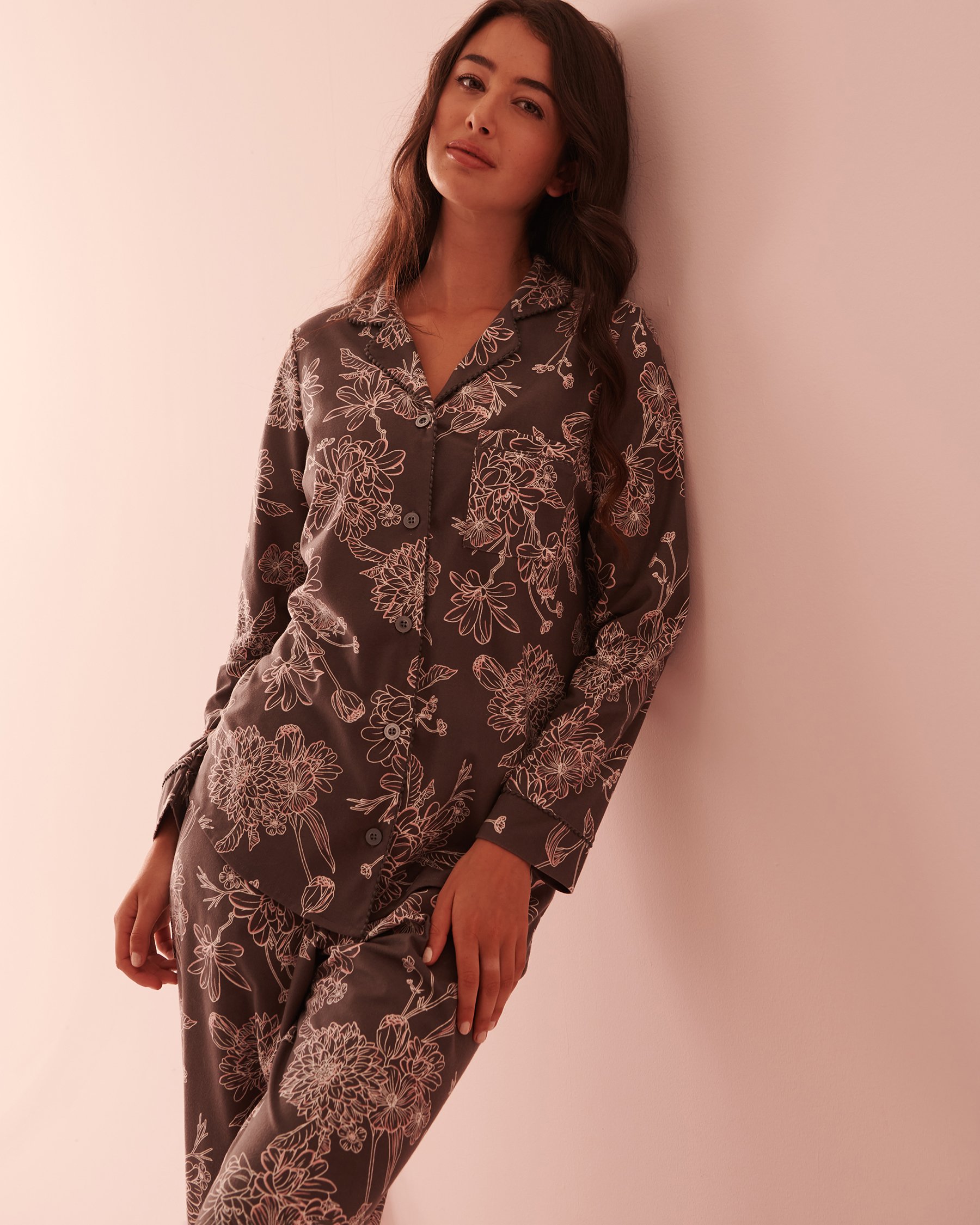 LA VIE EN ROSE Luxury Flannel Long Sleeve Shirt PJ Set Floral reflection 40400053 - View3