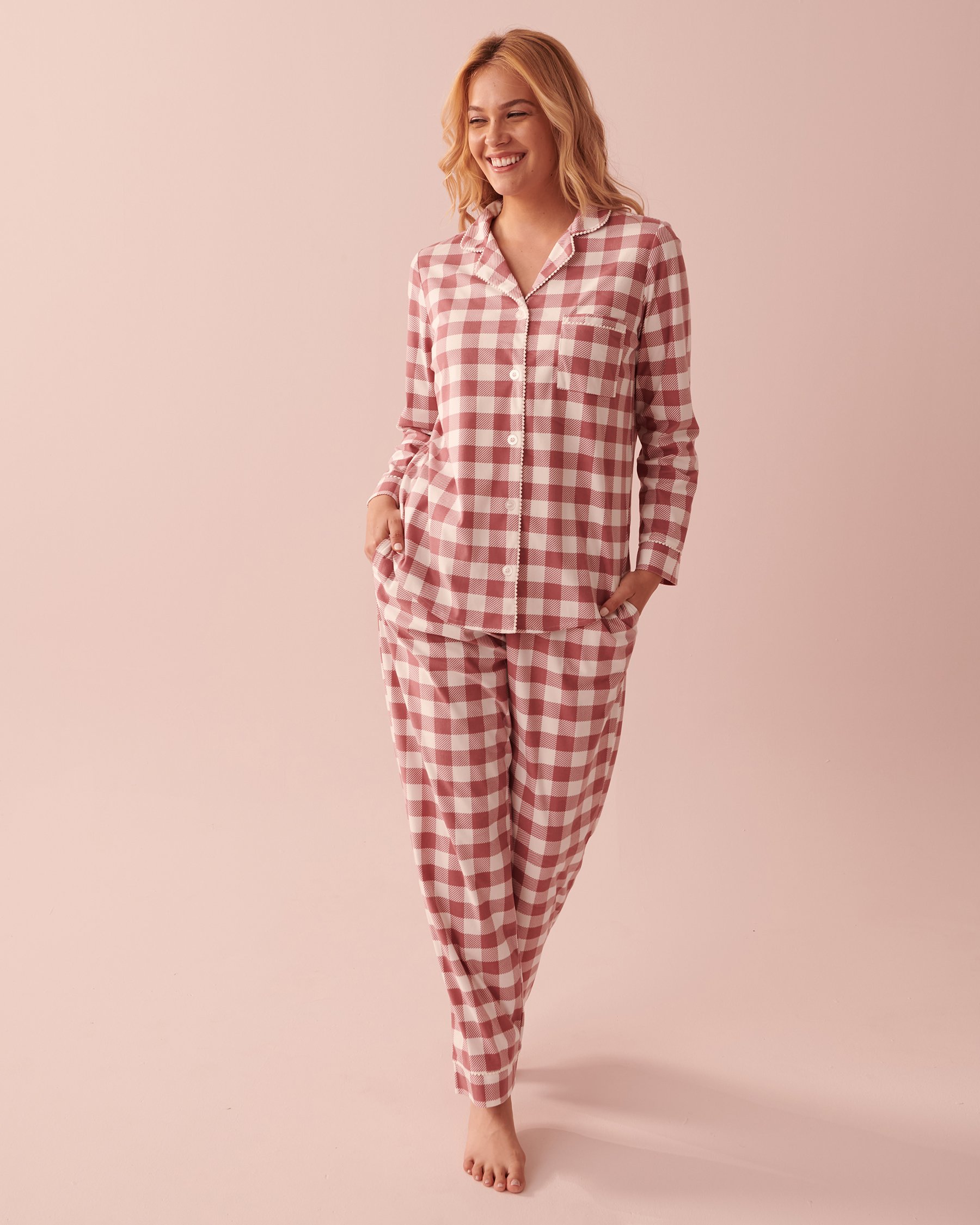 LA VIE EN ROSE Luxury Flannel Long Sleeve Shirt PJ Set Misty plum plaid 40400053 - View1