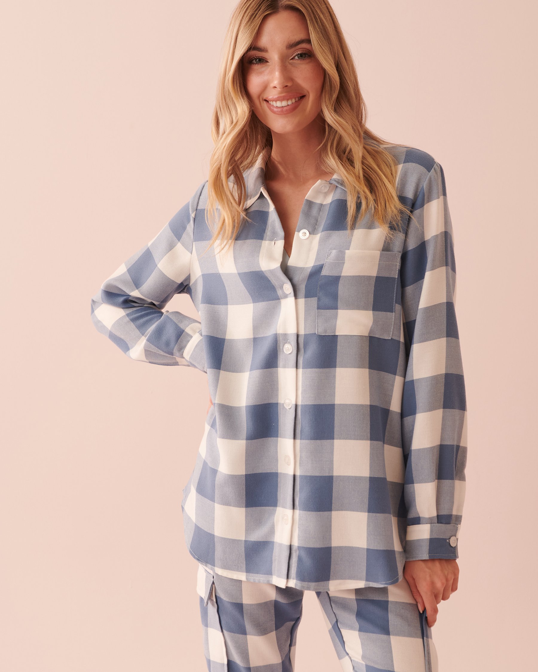 LA VIE EN ROSE Plaid Long Sleeve Button-down Shirt Blue horizon plaid 40100485 - View3