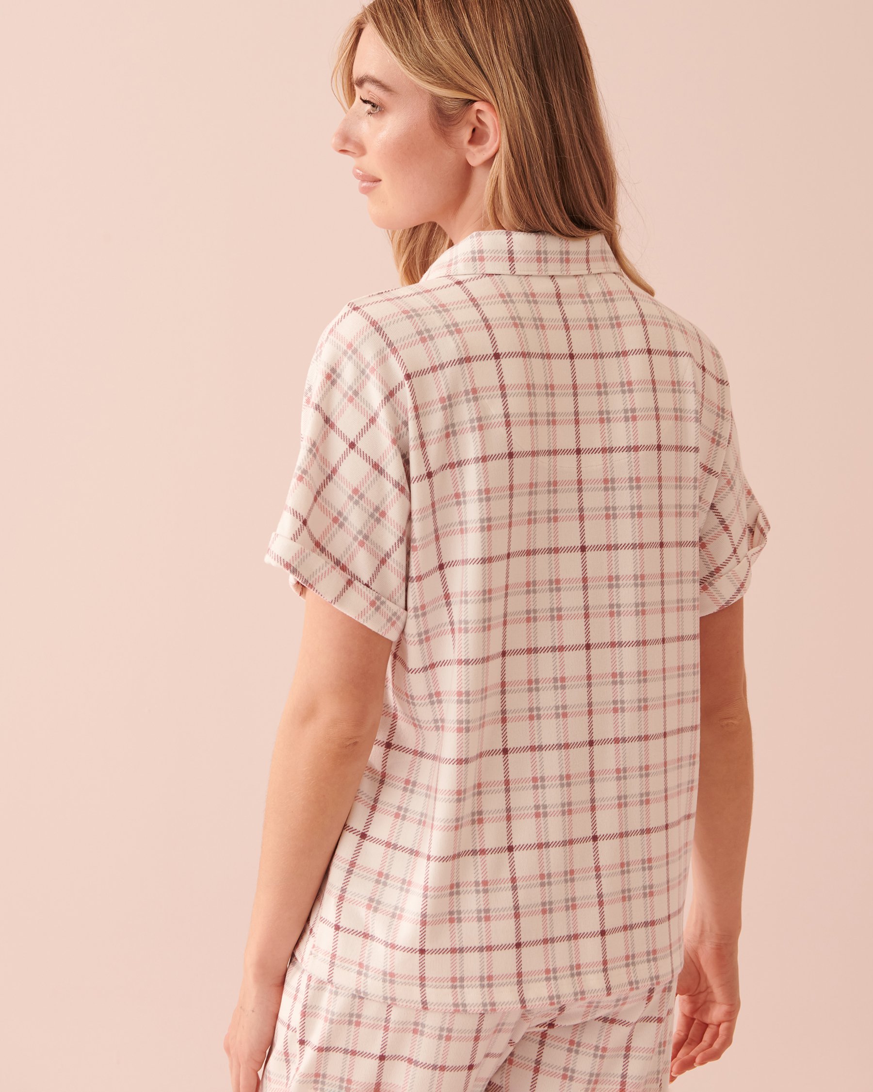 LA VIE EN ROSE Soft Knit Button-down Short Sleeve Shirt Light purple plaid 40100478 - View2