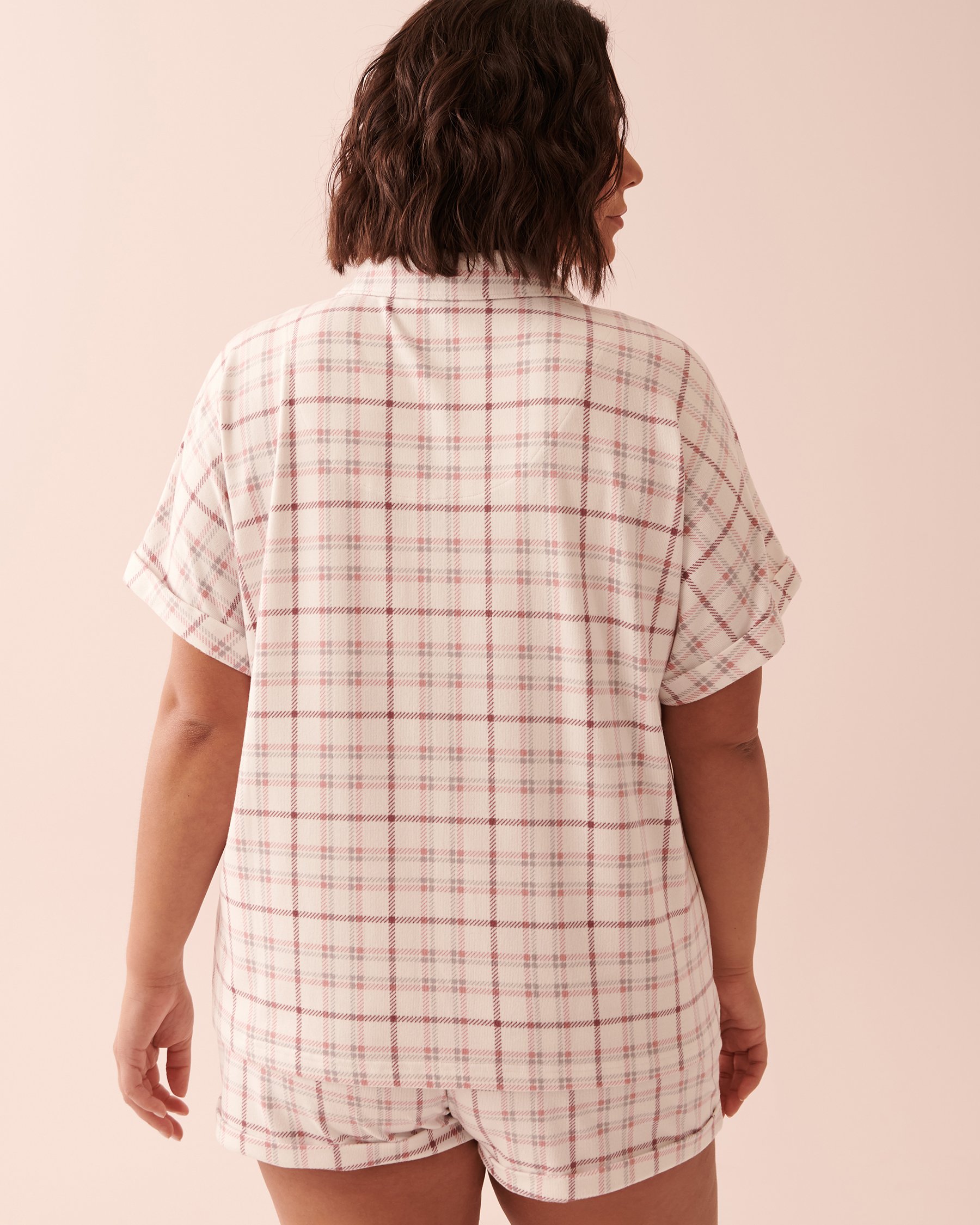 LA VIE EN ROSE Soft Knit Button-down Short Sleeve Shirt Light purple plaid 40100478 - View5