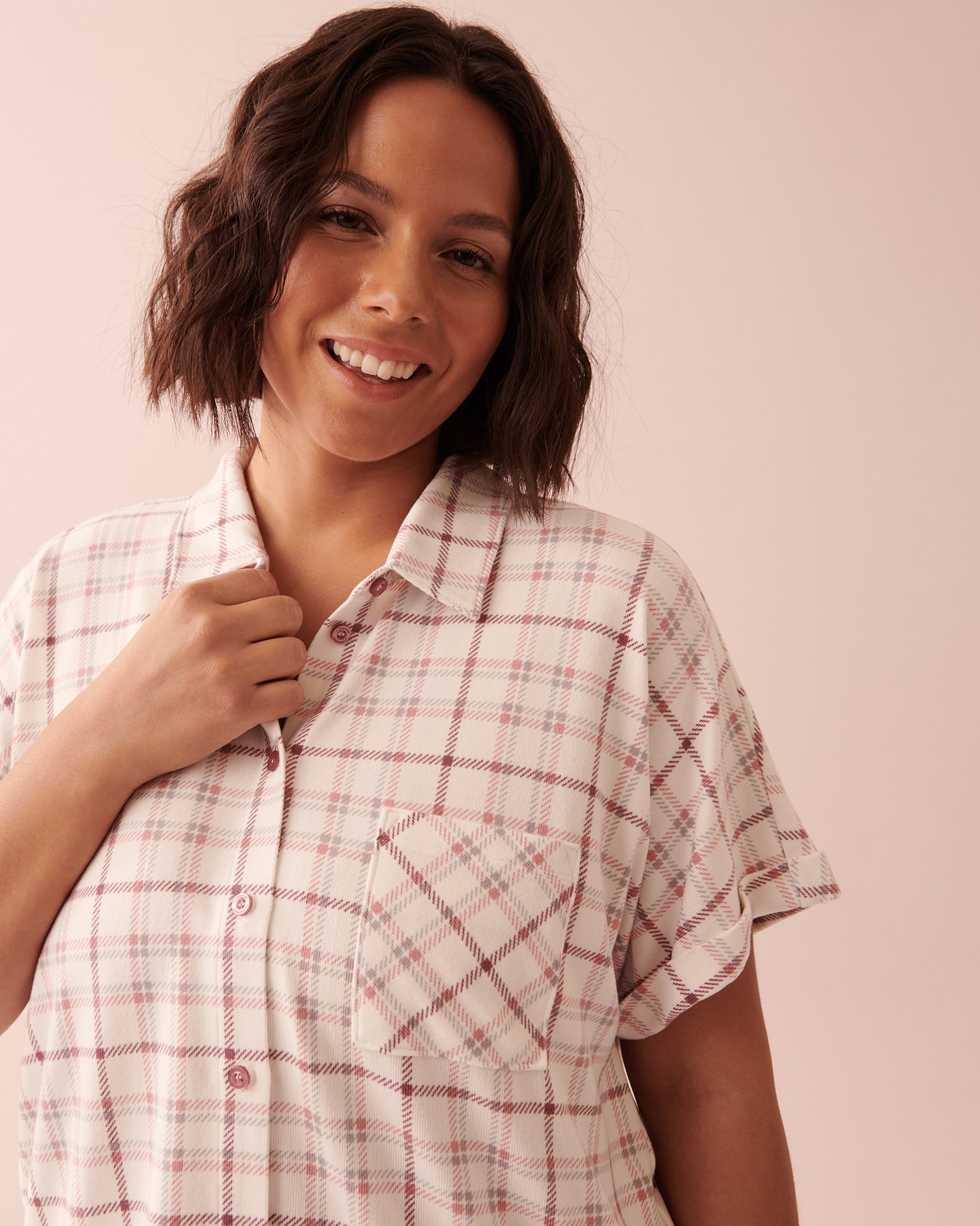 LA VIE EN ROSE Soft Knit Button-down Short Sleeve Shirt Light purple plaid 40100478 - View6