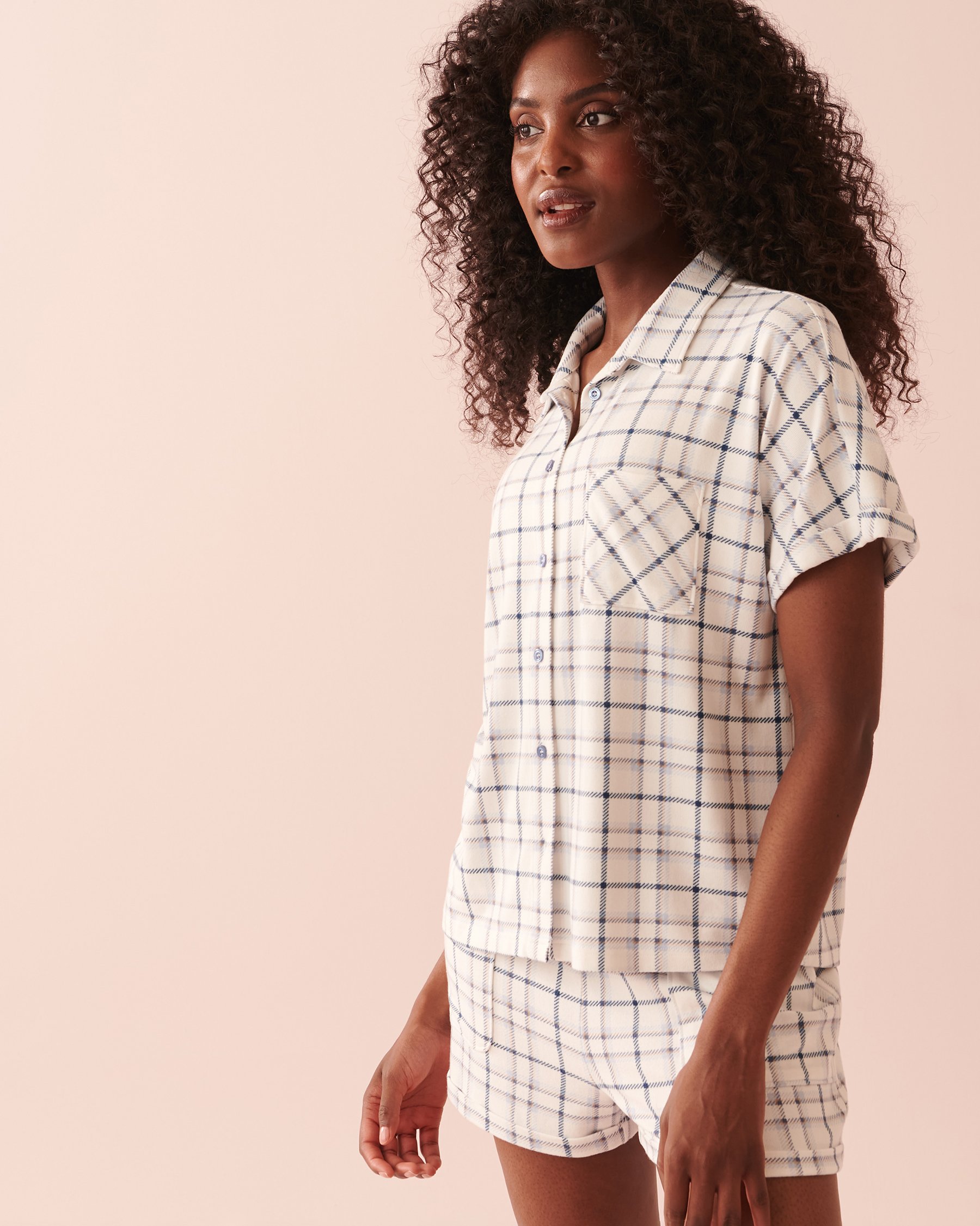 LA VIE EN ROSE Soft Knit Button-down Short Sleeve Shirt Small blue plaid 40100478 - View1