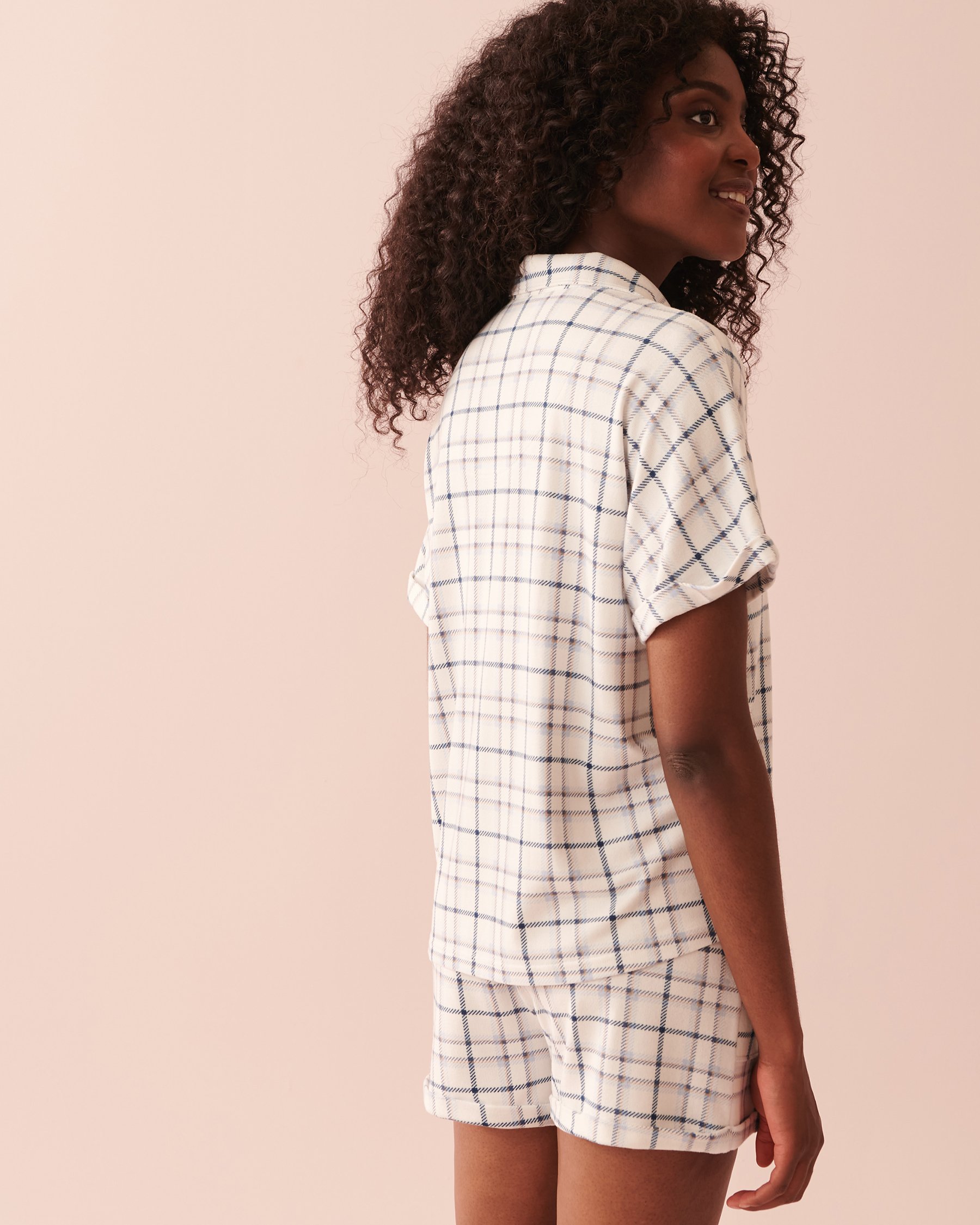 LA VIE EN ROSE Soft Knit Button-down Short Sleeve Shirt Small blue plaid 40100478 - View2