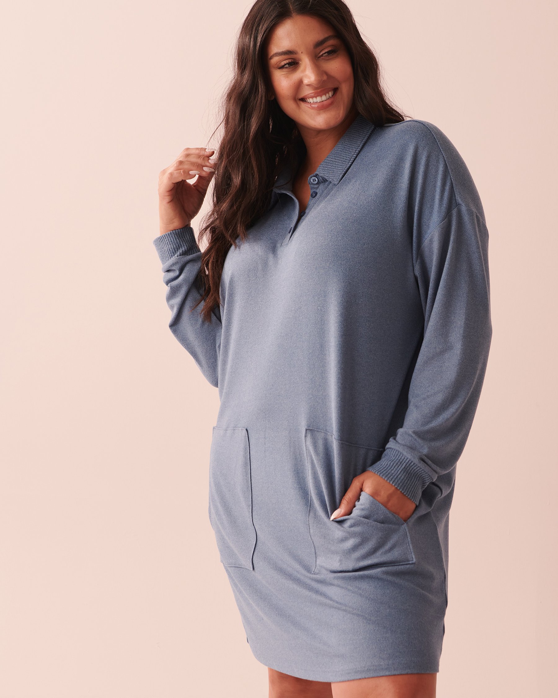 LA VIE EN ROSE Chemise de nuit manches longues en tricot doux Mélange horizon bleu 40500298 - View4