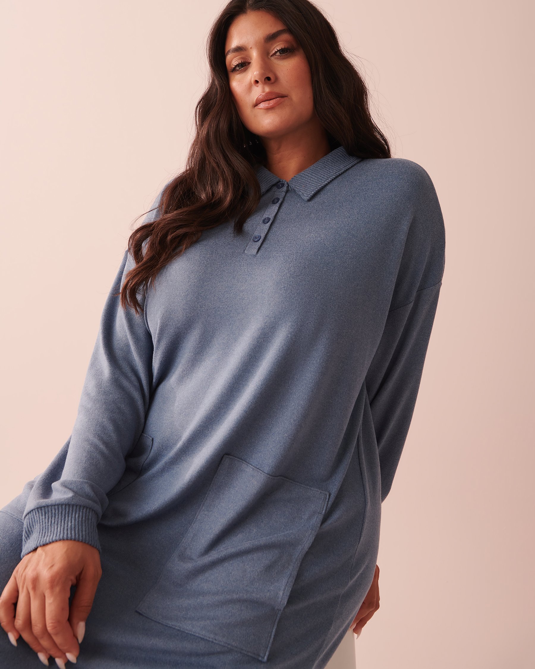 LA VIE EN ROSE Chemise de nuit manches longues en tricot doux Mélange horizon bleu 40500298 - View6