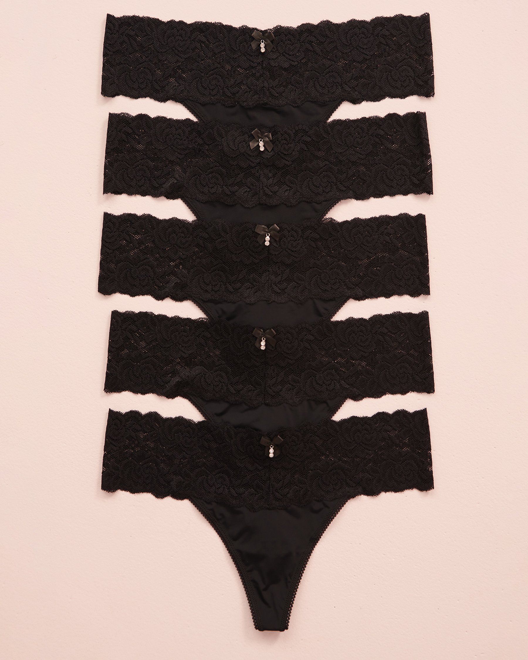 LA VIE EN ROSE Lot de 5 culottes tanga microfibre et large bande de dentelle Noir 20200406 - Voir1