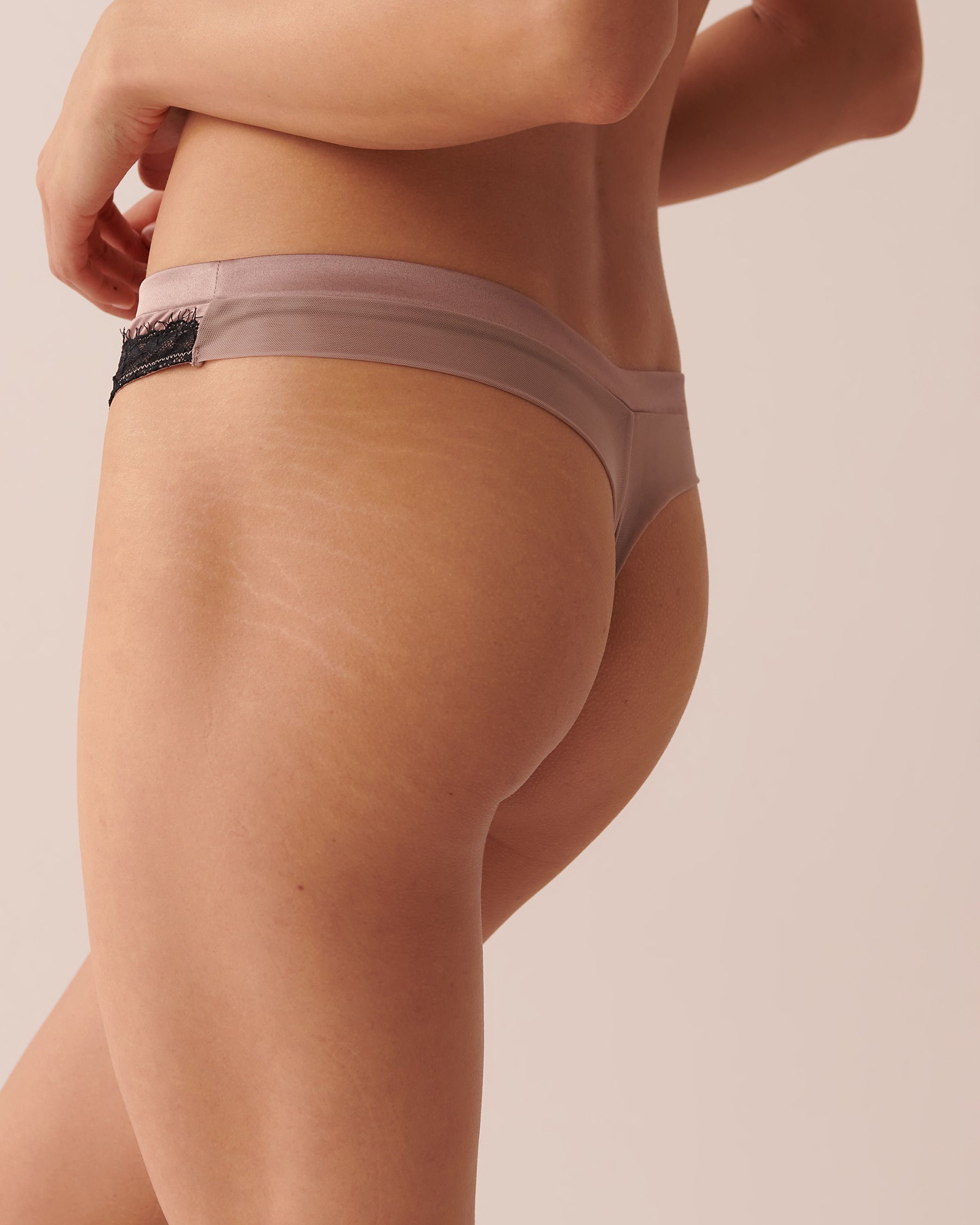 LA VIE EN ROSE Satin and Lace Detail Thong Panty Mocha 20300247 - View2